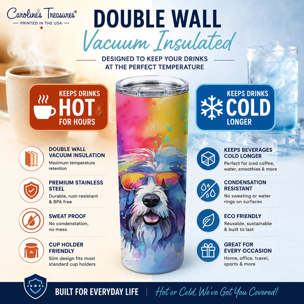 Old English Sheepdog Hippie Dawg Stainless Steel Skinny Tumbler 20 oz Vacuum Double Walled Reusable Insulated Travel Cup