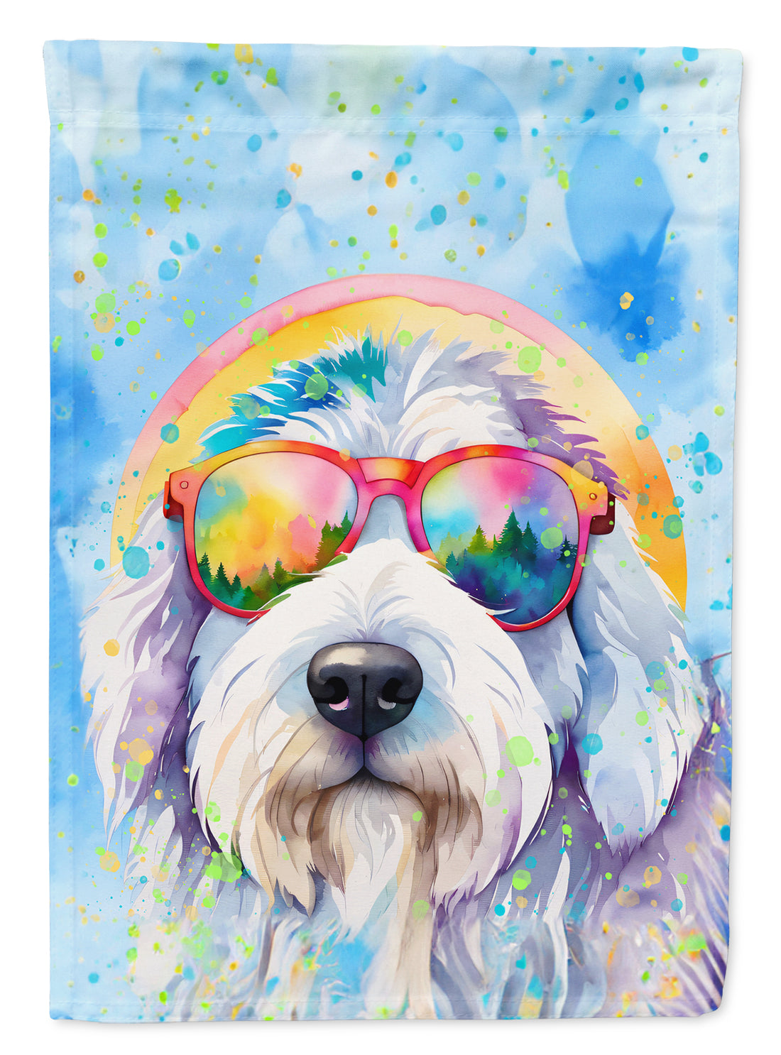 Old English Sheepdog Hippie Dawg House Flag 28x40 Porch Sleeve Pole Decorative Outside Yard Banner Artwork Wall Hanging, Polyester