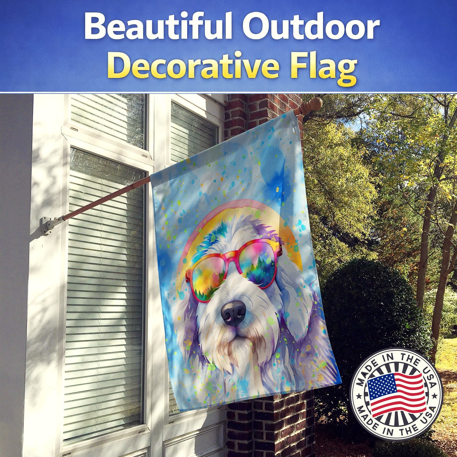Old English Sheepdog Hippie Dawg House Flag 28x40 Porch Sleeve Pole Decorative Outside Yard Banner Artwork Wall Hanging, Polyester