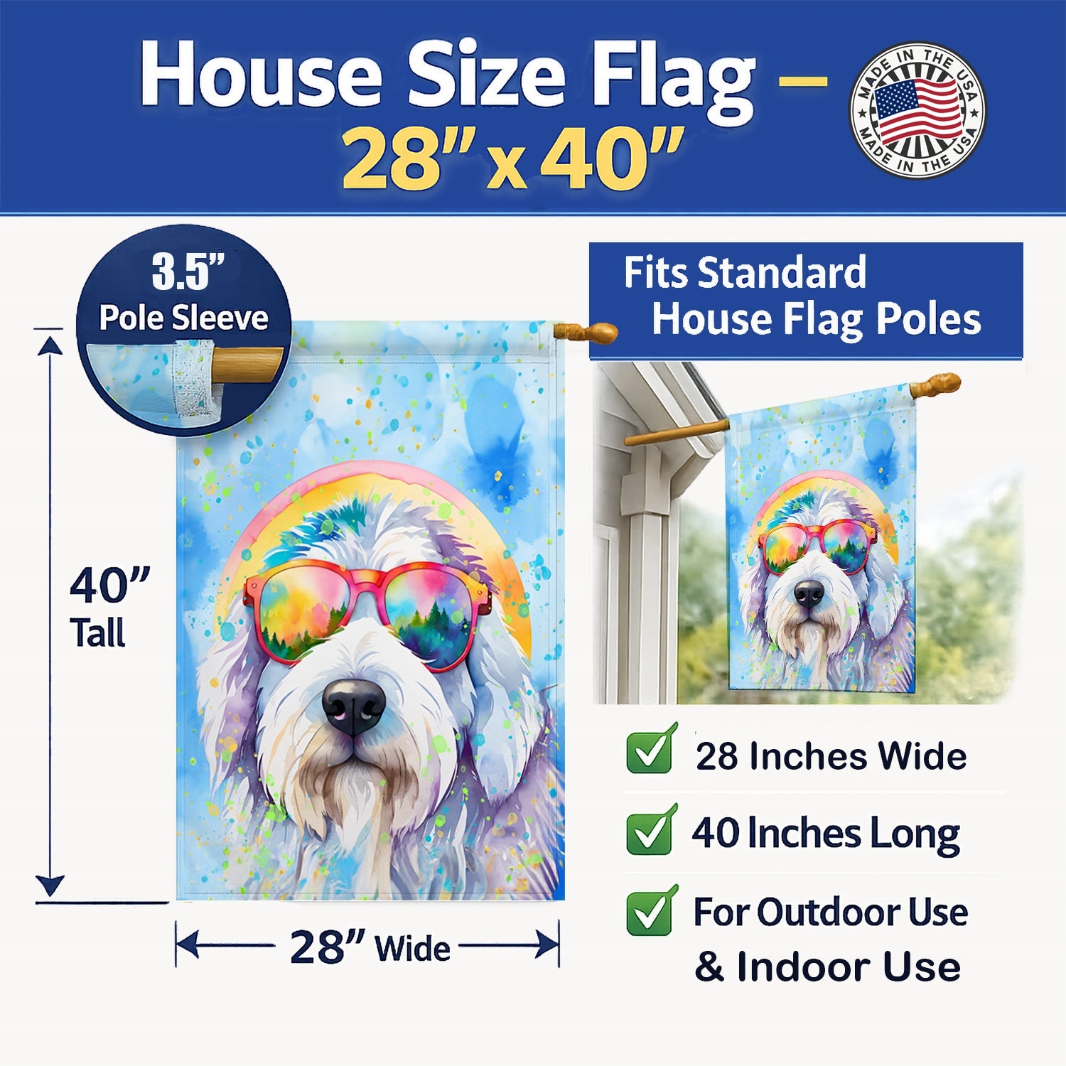 Old English Sheepdog Hippie Dawg House Flag 28x40 Porch Sleeve Pole Decorative Outside Yard Banner Artwork Wall Hanging, Polyester
