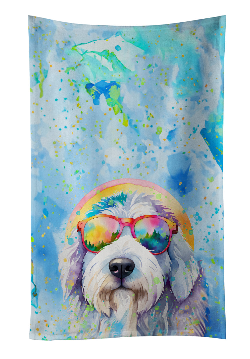 Old English Sheepdog Hippie Dawg Kitchen Towel Velour Plush Front and Cotton Loop Back Machine Washable