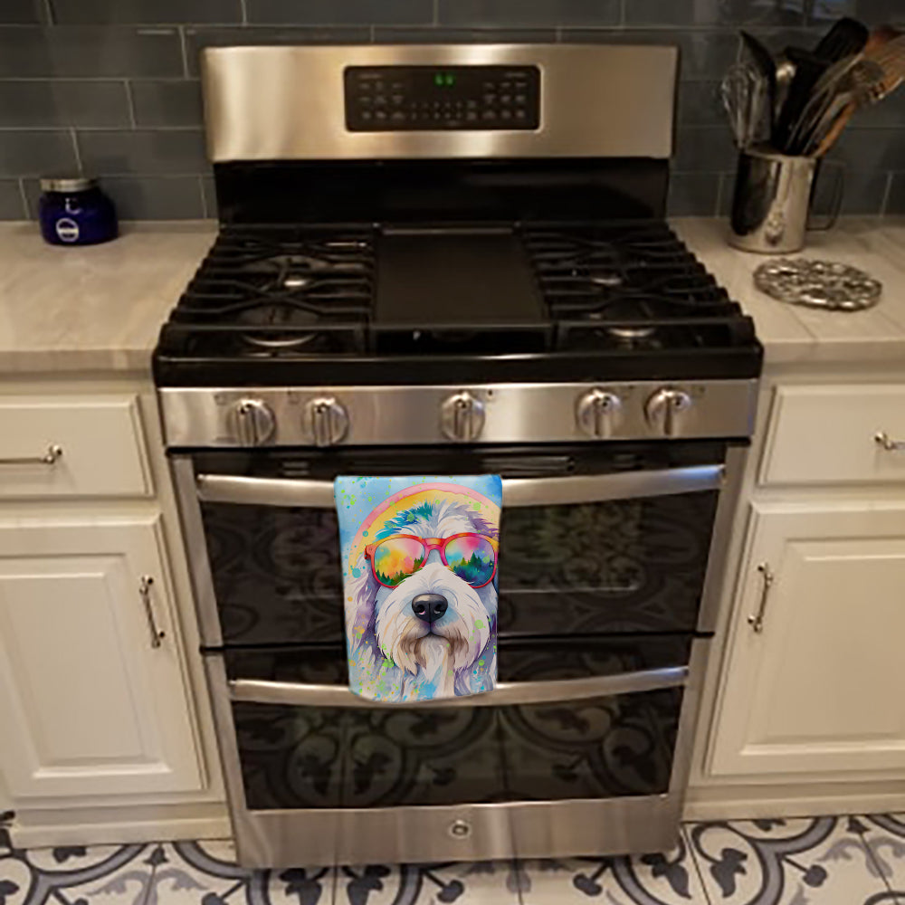 Old English Sheepdog Hippie Dawg Kitchen Towel Velour Plush Front and Cotton Loop Back Machine Washable