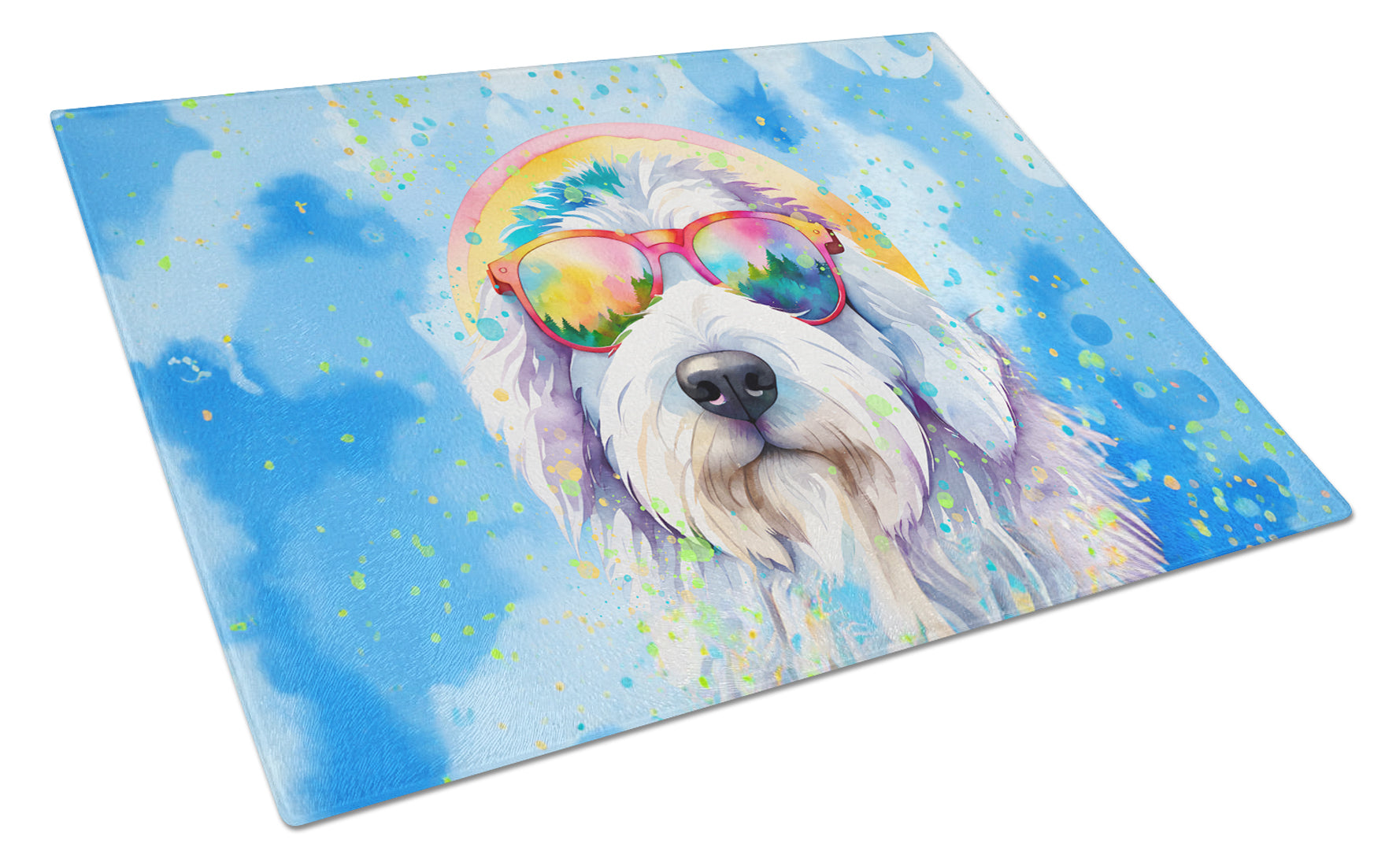 Old English Sheepdog Hippie Dawg Cutting Board Tempered Glass Kitchen Cutting Surface, Heat Resistant Chopping, Non-Slip Feet, Food Prep & Serving