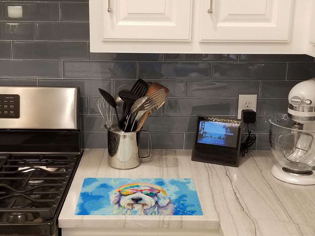 Old English Sheepdog Hippie Dawg Cutting Board Tempered Glass Kitchen Cutting Surface, Heat Resistant Chopping, Non-Slip Feet, Food Prep & Serving