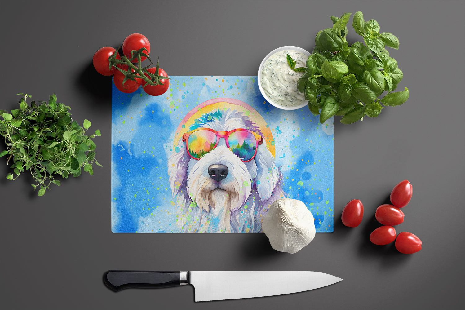 Old English Sheepdog Hippie Dawg Cutting Board Tempered Glass Kitchen Cutting Surface, Heat Resistant Chopping, Non-Slip Feet, Food Prep & Serving