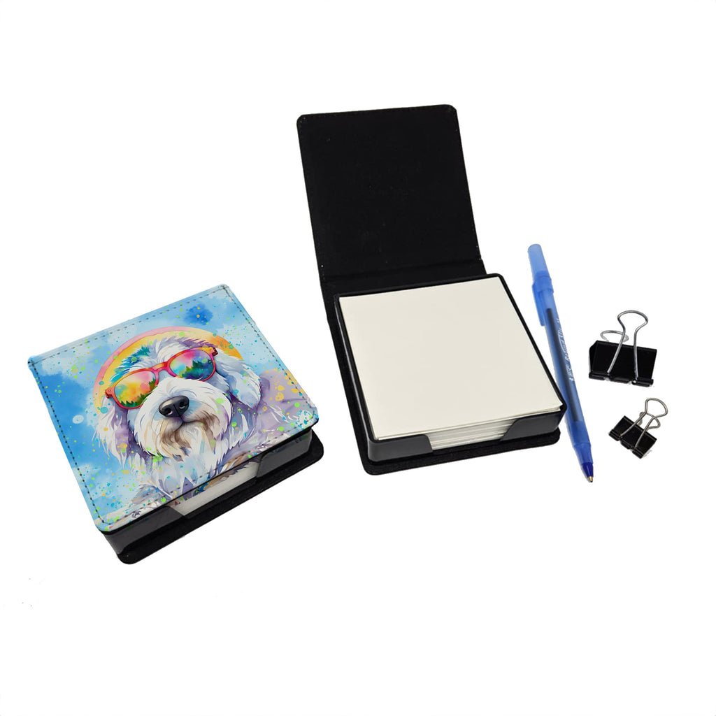 Old English Sheepdog Hippie Dawg PU Leather Note Paper Holder with Artist-Designed Cover, Desk Accessory, Office Gift