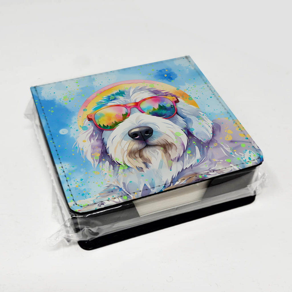 Old English Sheepdog Hippie Dawg PU Leather Note Paper Holder with Artist-Designed Cover, Desk Accessory, Office Gift