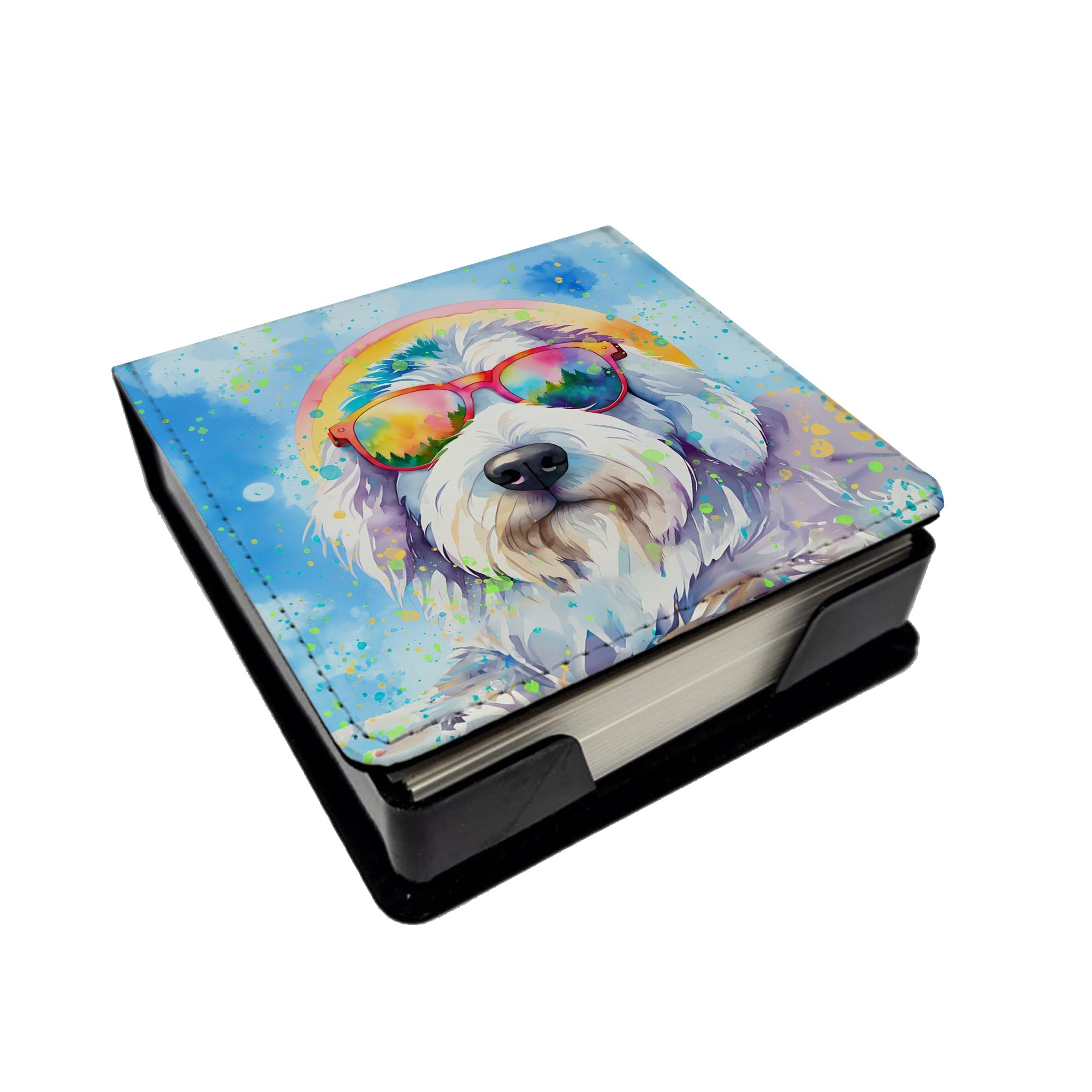 Old English Sheepdog Hippie Dawg PU Leather Note Paper Holder with Artist-Designed Cover, Desk Accessory, Office Gift