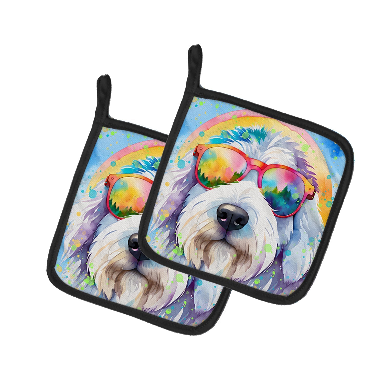 Old English Sheepdog Hippie Dawg Pot Holder Set of 2 Heat Resistant Quilted Hot Pads 7.5 x 7.5 Inch, Insulated Kitchen Trivets for Cooking & Baking