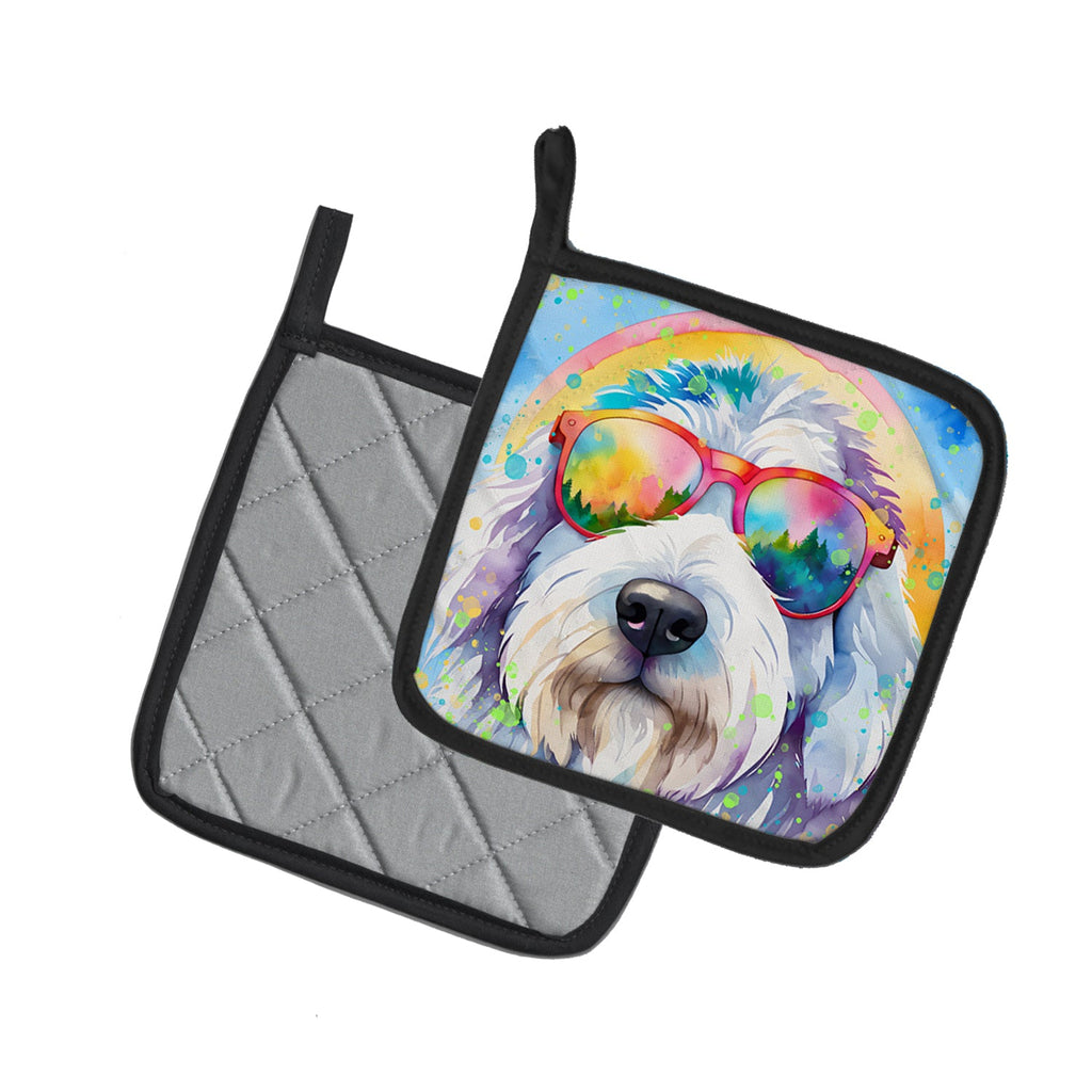 Old English Sheepdog Hippie Dawg Pot Holder Set of 2 Heat Resistant Quilted Hot Pads 7.5 x 7.5 Inch, Insulated Kitchen Trivets for Cooking & Baking