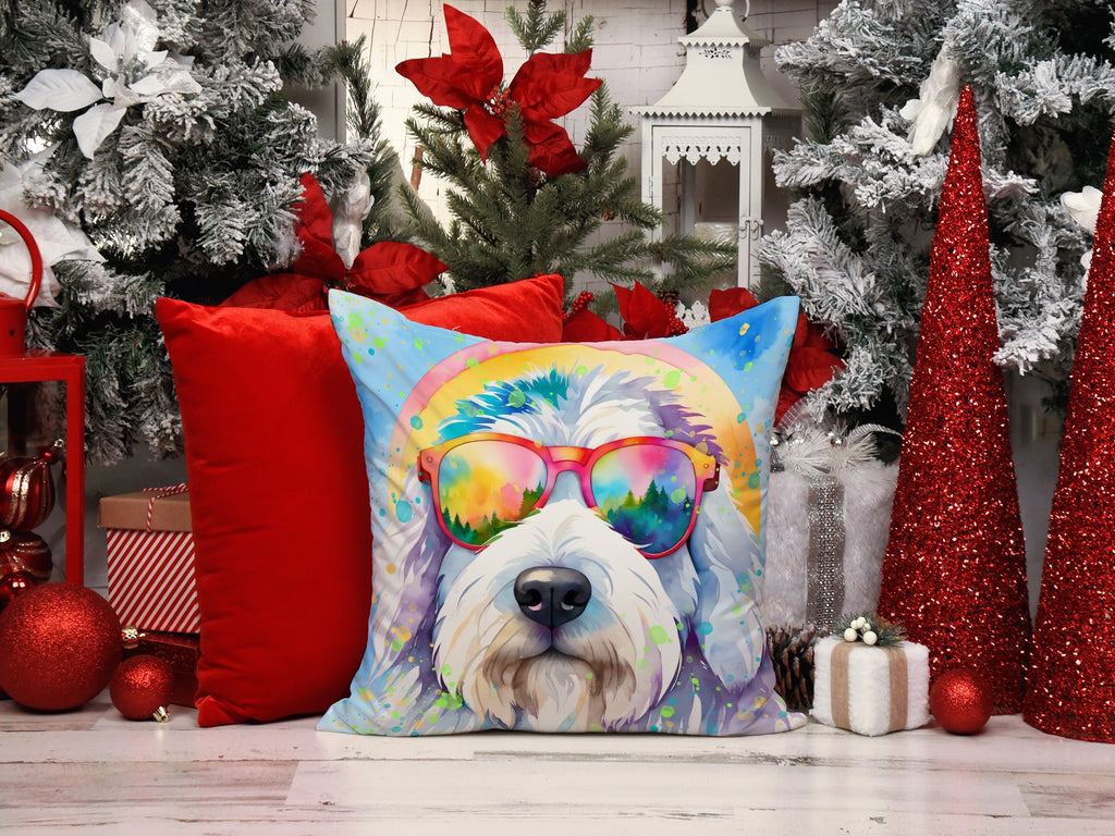 Old English Sheepdog Hippie Dawg Decorative Throw Pillow 14x14 Indoor Outdoor Accent Cushion, Fabric Cover with Insert for Sofa, Bed, Porch & Living Room