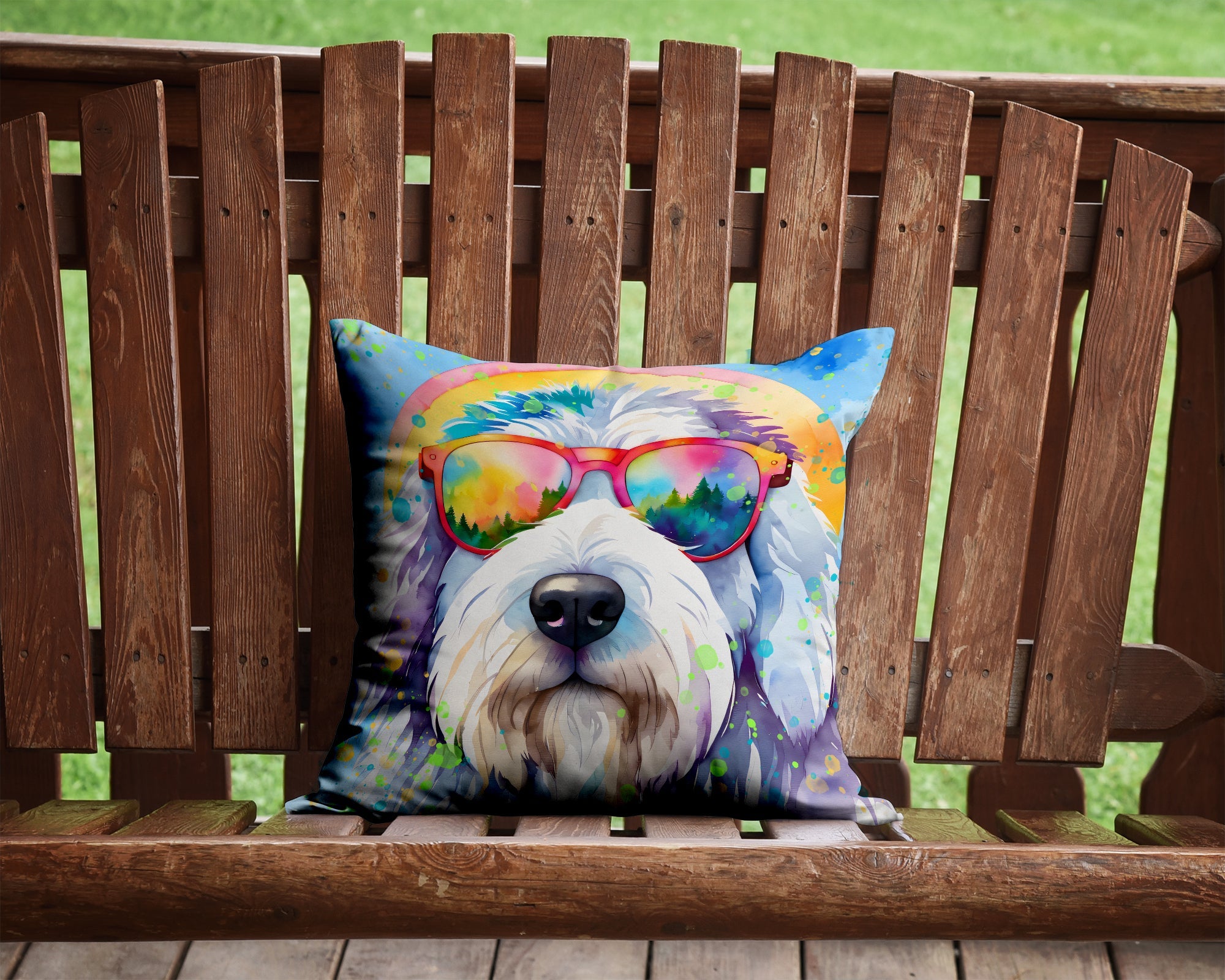 Old English Sheepdog Hippie Dawg Decorative Throw Pillow 14x14 Indoor Outdoor Accent Cushion, Fabric Cover with Insert for Sofa, Bed, Porch & Living Room