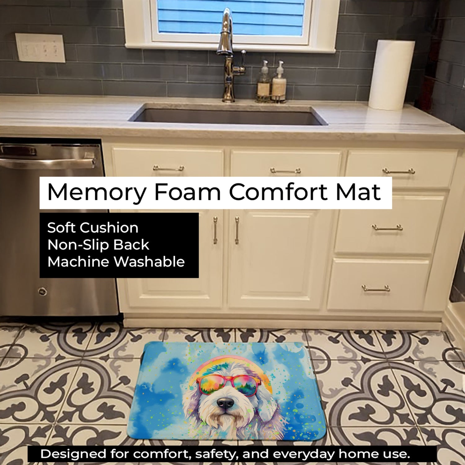 Old English Sheepdog Hippie Dawg Memory Foam Kitchen Mat Machine Washable Anti-Fatigue Cushion Comfort Bath or Kitchen Rug