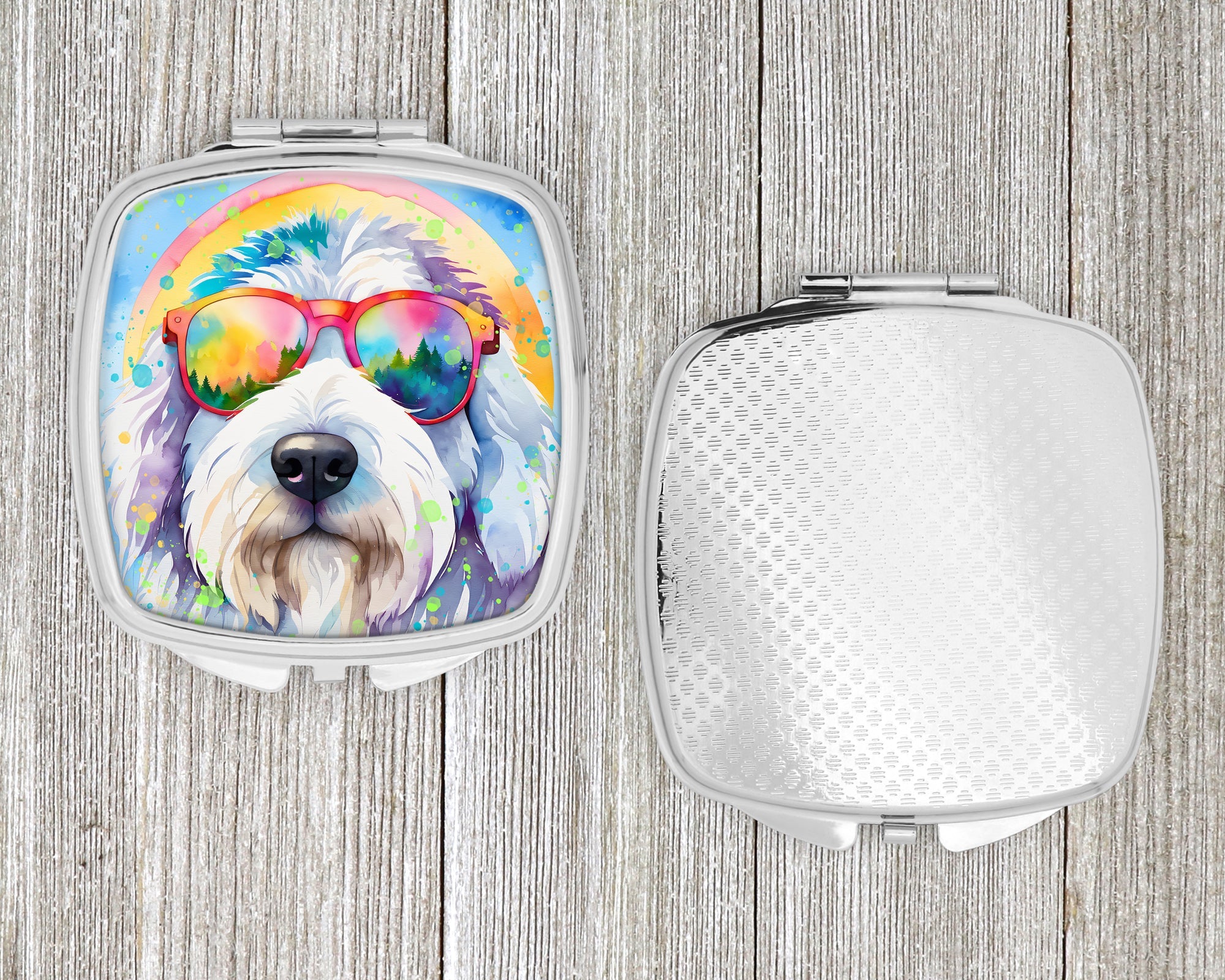 Old English Sheepdog Hippie Dawg Compact Mirror Decorative Travel Makeup Mirror for Women Girls Gifts Pocket Makeup Mirror Folding Handheld