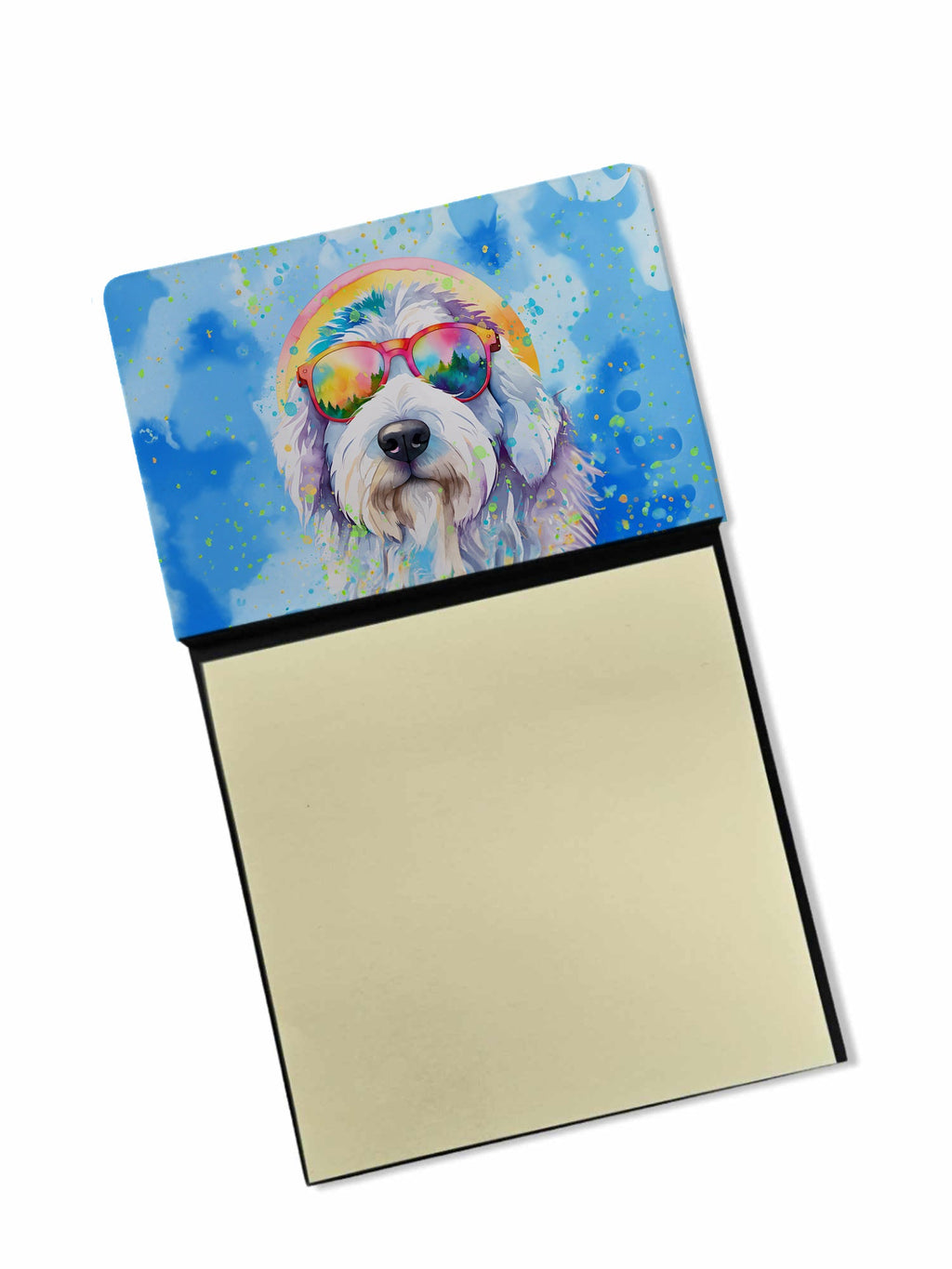 Old English Sheepdog Hippie Dawg Watercolor Sticky Note Holder Refillable Dispenser Desk Accessory 3x3 Pad Gift
