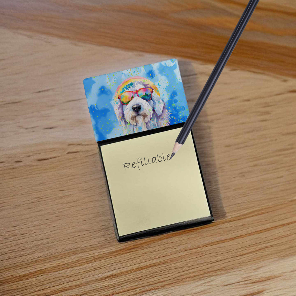 Old English Sheepdog Hippie Dawg Watercolor Sticky Note Holder Refillable Dispenser Desk Accessory 3x3 Pad Gift