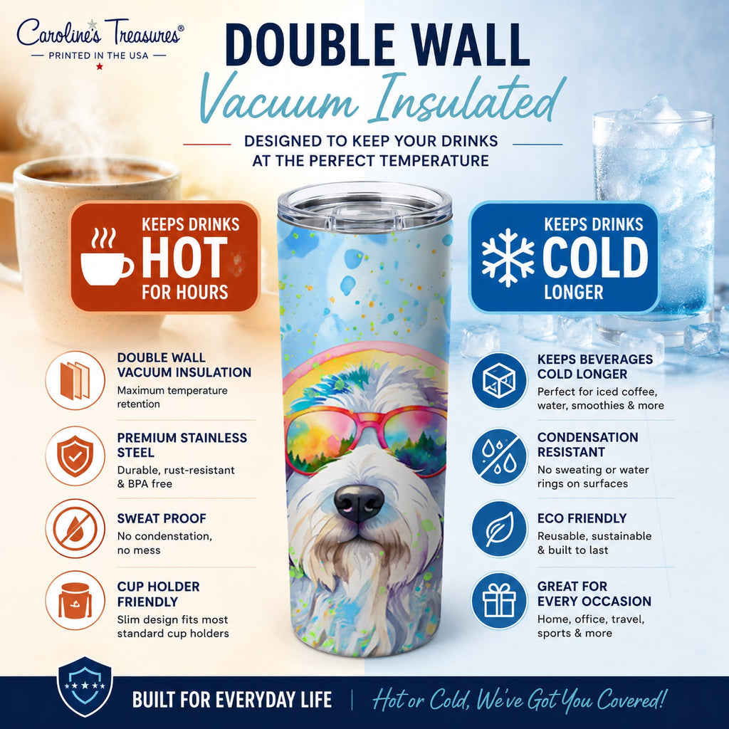 Old English Sheepdog Hippie Dawg Stainless Steel Skinny Tumbler 20 oz Vacuum Double Walled Reusable Insulated Travel Cup