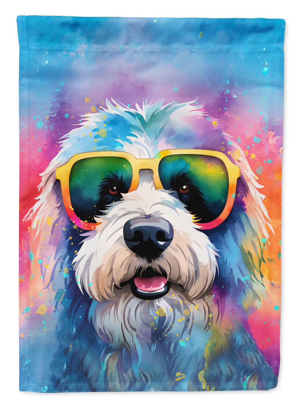 Old English Sheepdog Hippie Dawg House Flag 28x40 Porch Sleeve Pole Decorative Outside Yard Banner Artwork Wall Hanging, Polyester