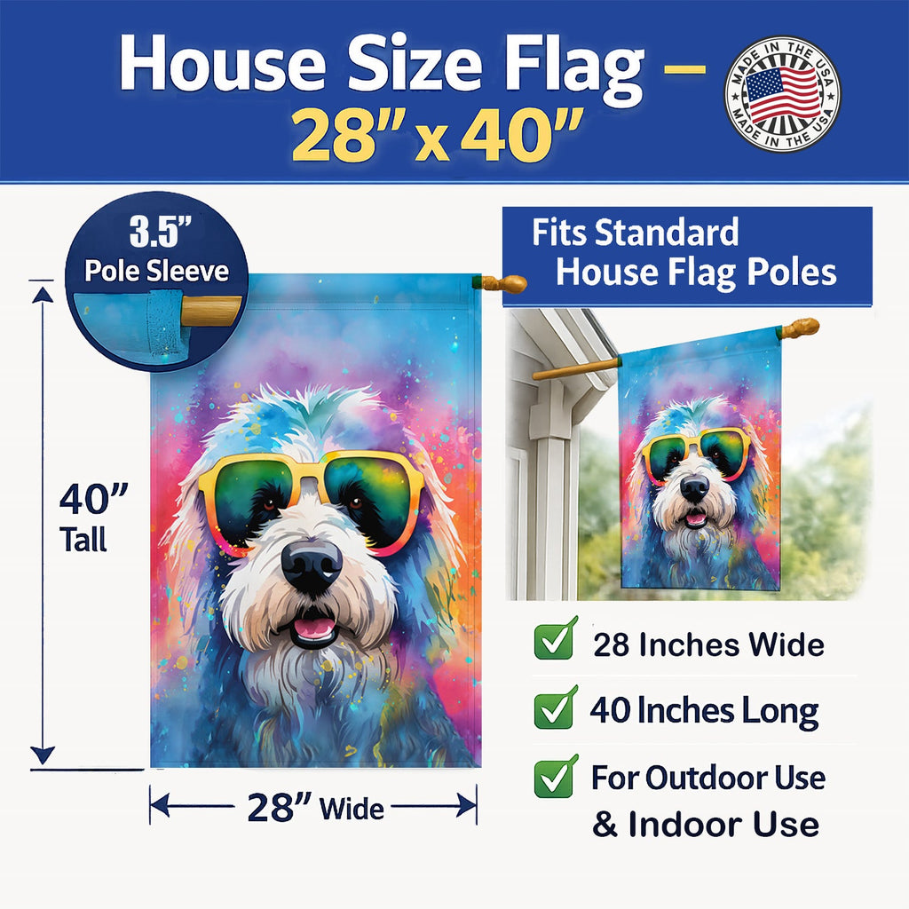 Old English Sheepdog Hippie Dawg House Flag 28x40 Porch Sleeve Pole Decorative Outside Yard Banner Artwork Wall Hanging, Polyester