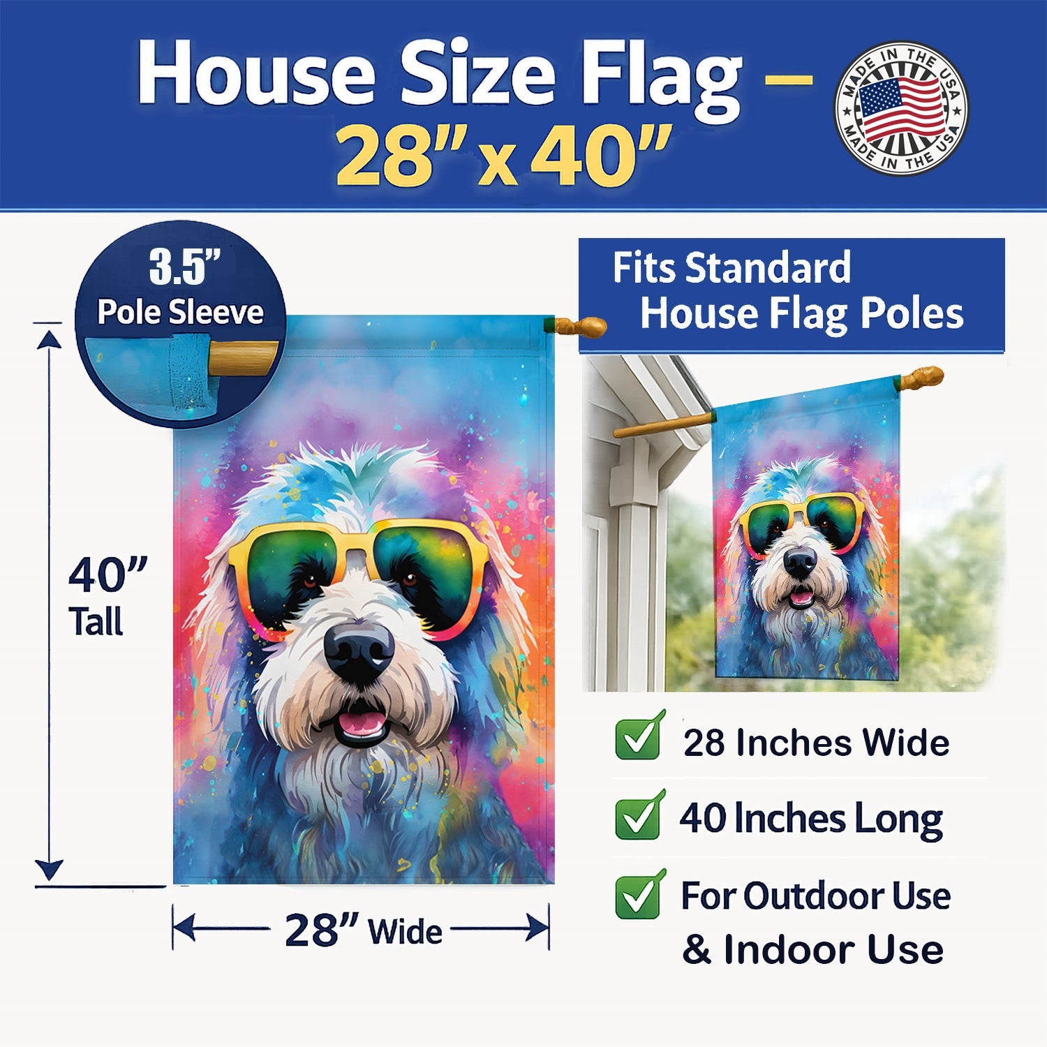 Old English Sheepdog Hippie Dawg House Flag 28x40 Porch Sleeve Pole Decorative Outside Yard Banner Artwork Wall Hanging, Polyester