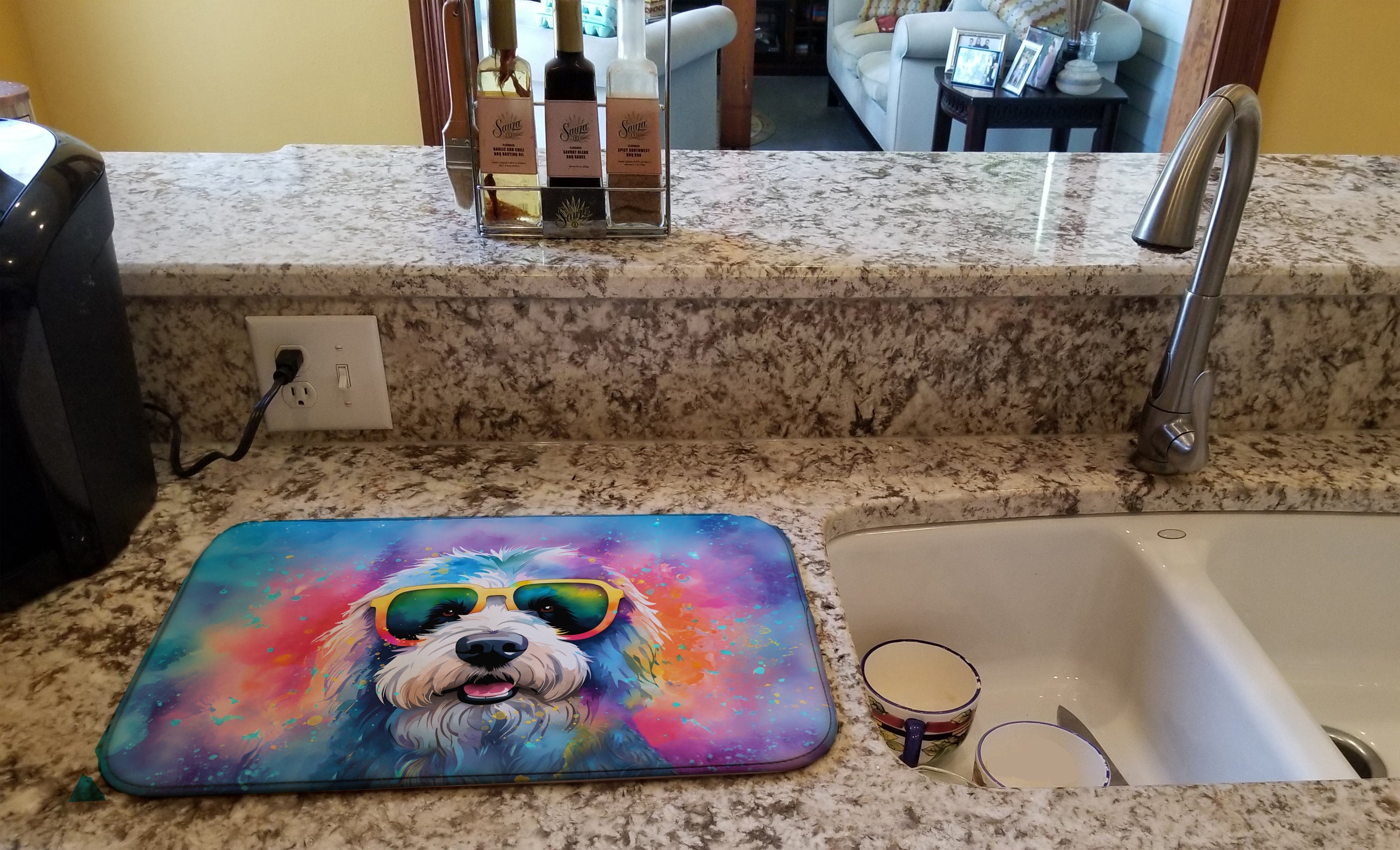 Old English Sheepdog Hippie Dawg Dish Drying Mat Absorbent Dish Drying Mat Pad for Kitchen Counter Dish Drainer Mat for Countertop, 14 x 21", Multicolor