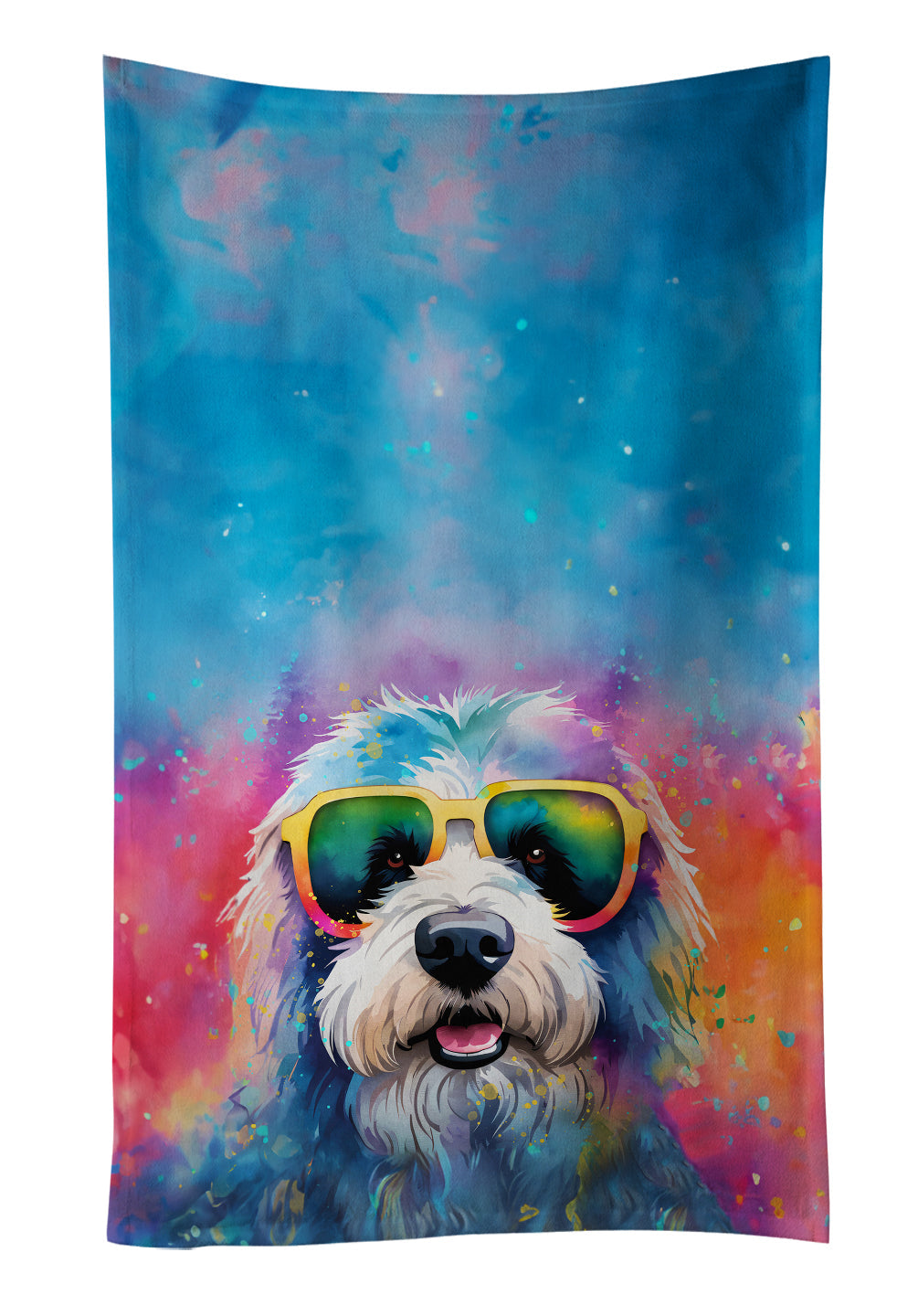 Old English Sheepdog Hippie Dawg Kitchen Towel Velour Plush Front and Cotton Loop Back Machine Washable