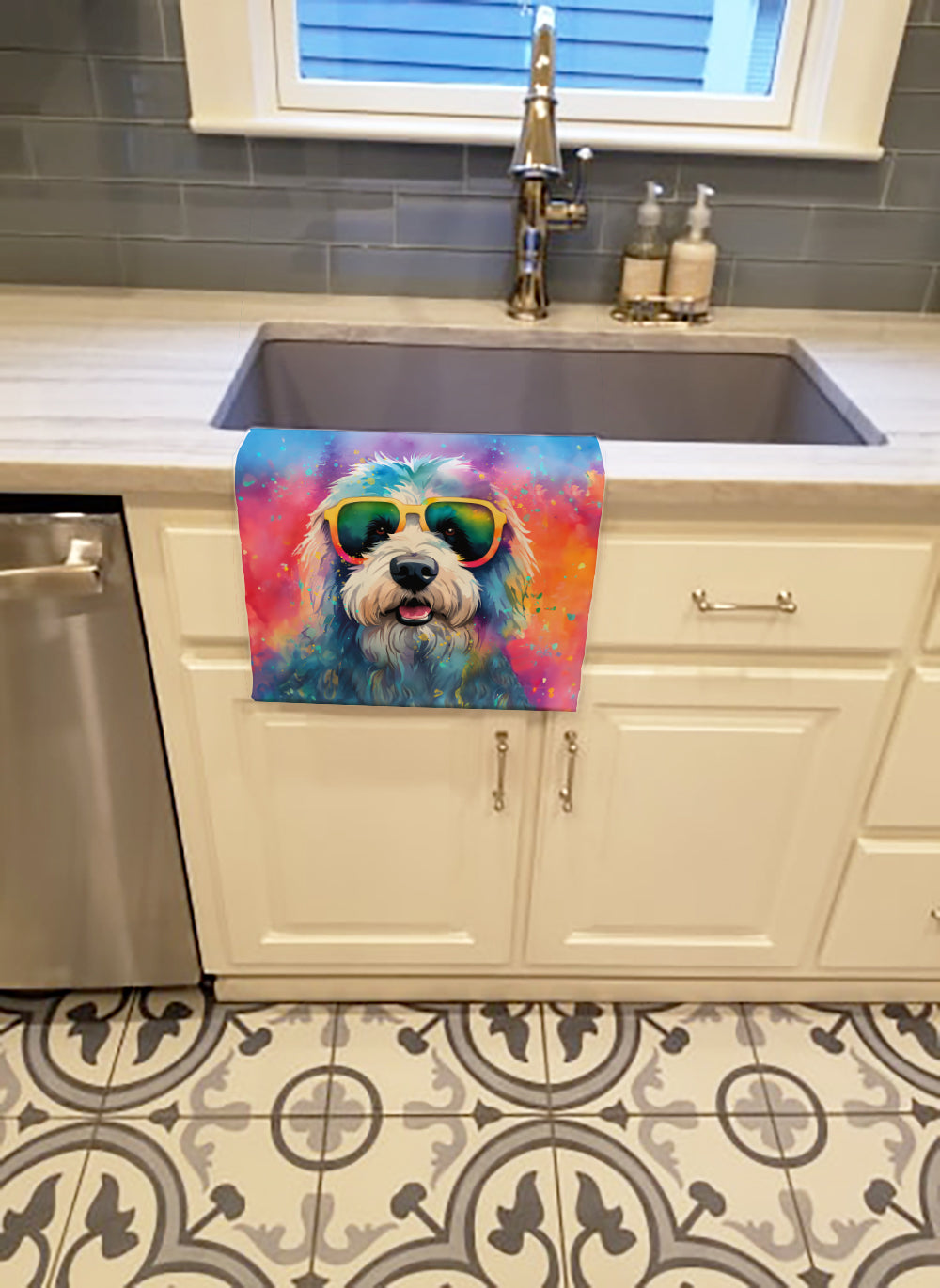 Old English Sheepdog Hippie Dawg Kitchen Towel Velour Plush Front and Cotton Loop Back Machine Washable