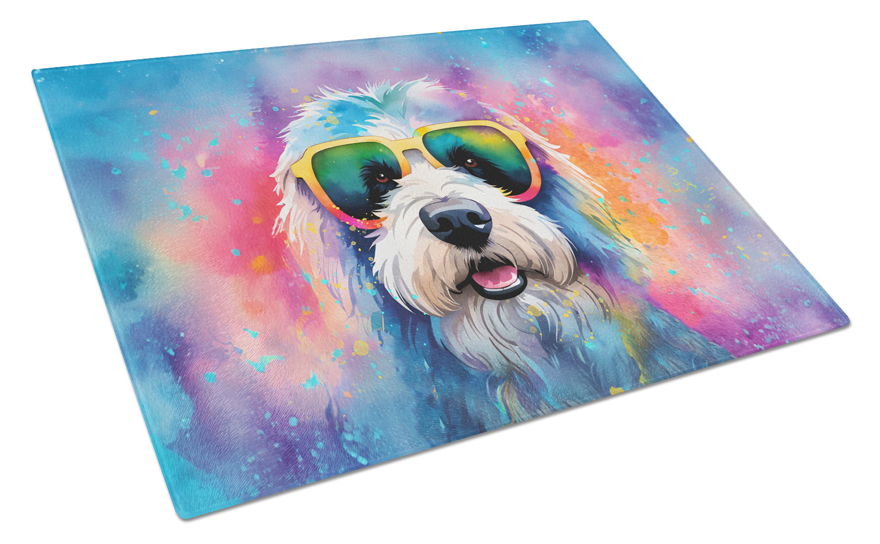 Old English Sheepdog Hippie Dawg Cutting Board Tempered Glass Kitchen Cutting Surface, Heat Resistant Chopping, Non-Slip Feet, Food Prep & Serving