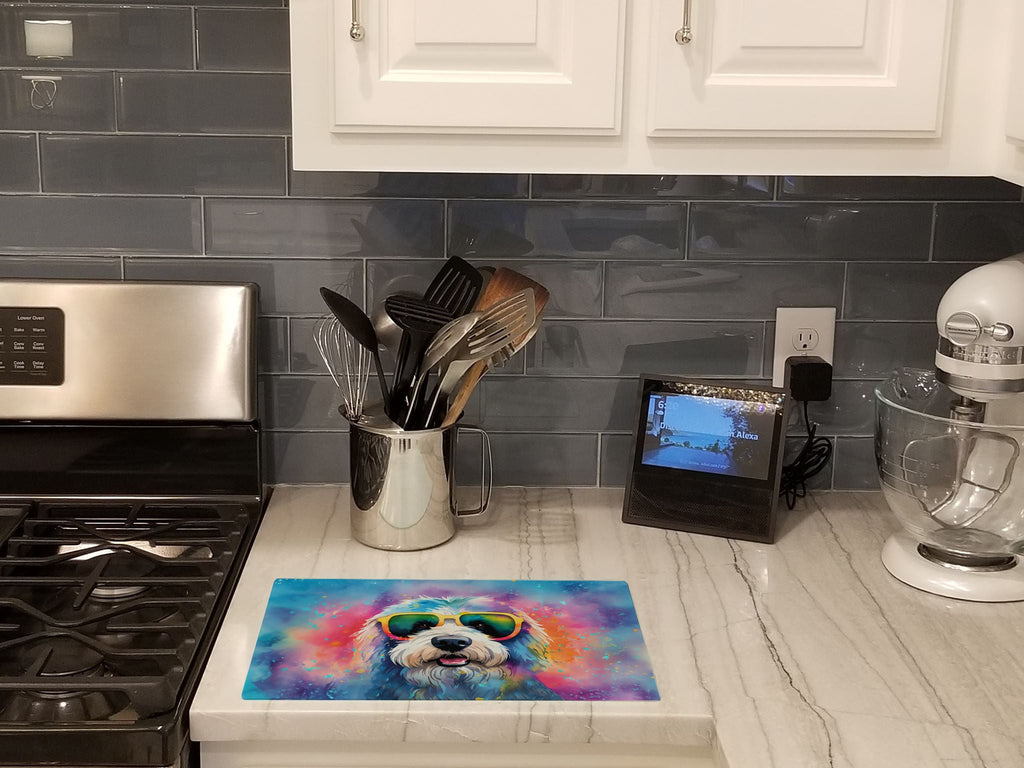 Old English Sheepdog Hippie Dawg Cutting Board Tempered Glass Kitchen Cutting Surface, Heat Resistant Chopping, Non-Slip Feet, Food Prep & Serving