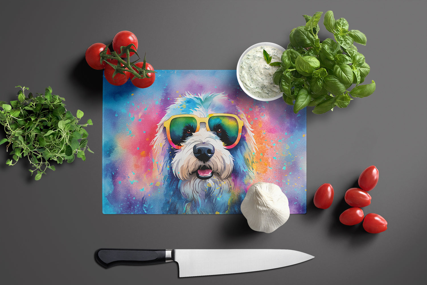 Old English Sheepdog Hippie Dawg Cutting Board Tempered Glass Kitchen Cutting Surface, Heat Resistant Chopping, Non-Slip Feet, Food Prep & Serving