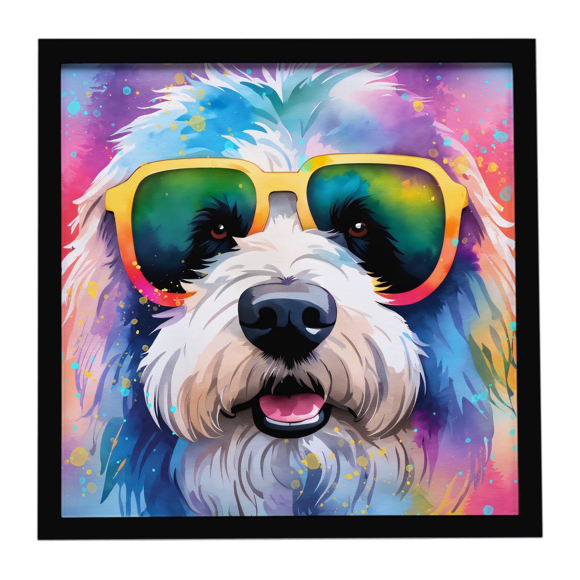 Old English Sheepdog Hippie Dawg Framed Metal Print Bathroom, Kitchen, Office, Home Decor Wall Art Ready to Hang, Square, 8X8