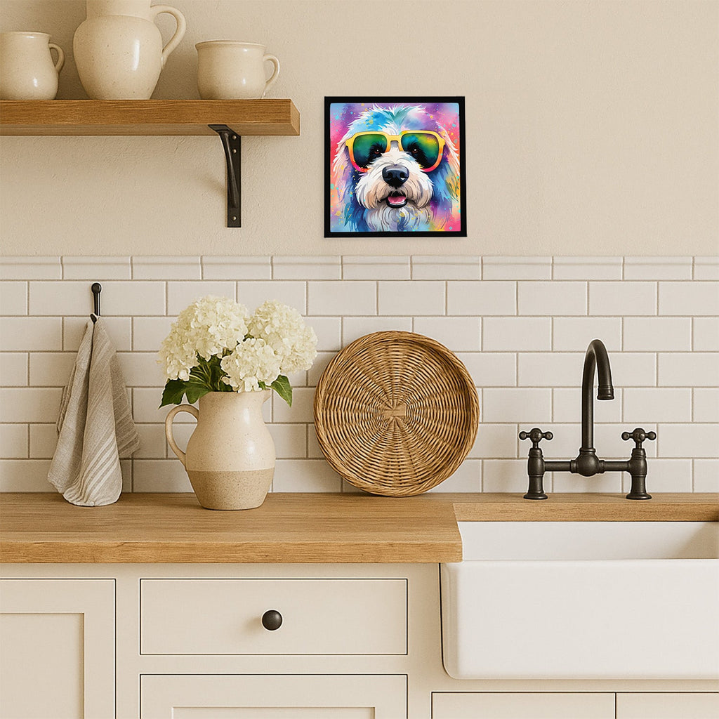 Old English Sheepdog Hippie Dawg Framed Metal Print Bathroom, Kitchen, Office, Home Decor Wall Art Ready to Hang, Square, 8X8