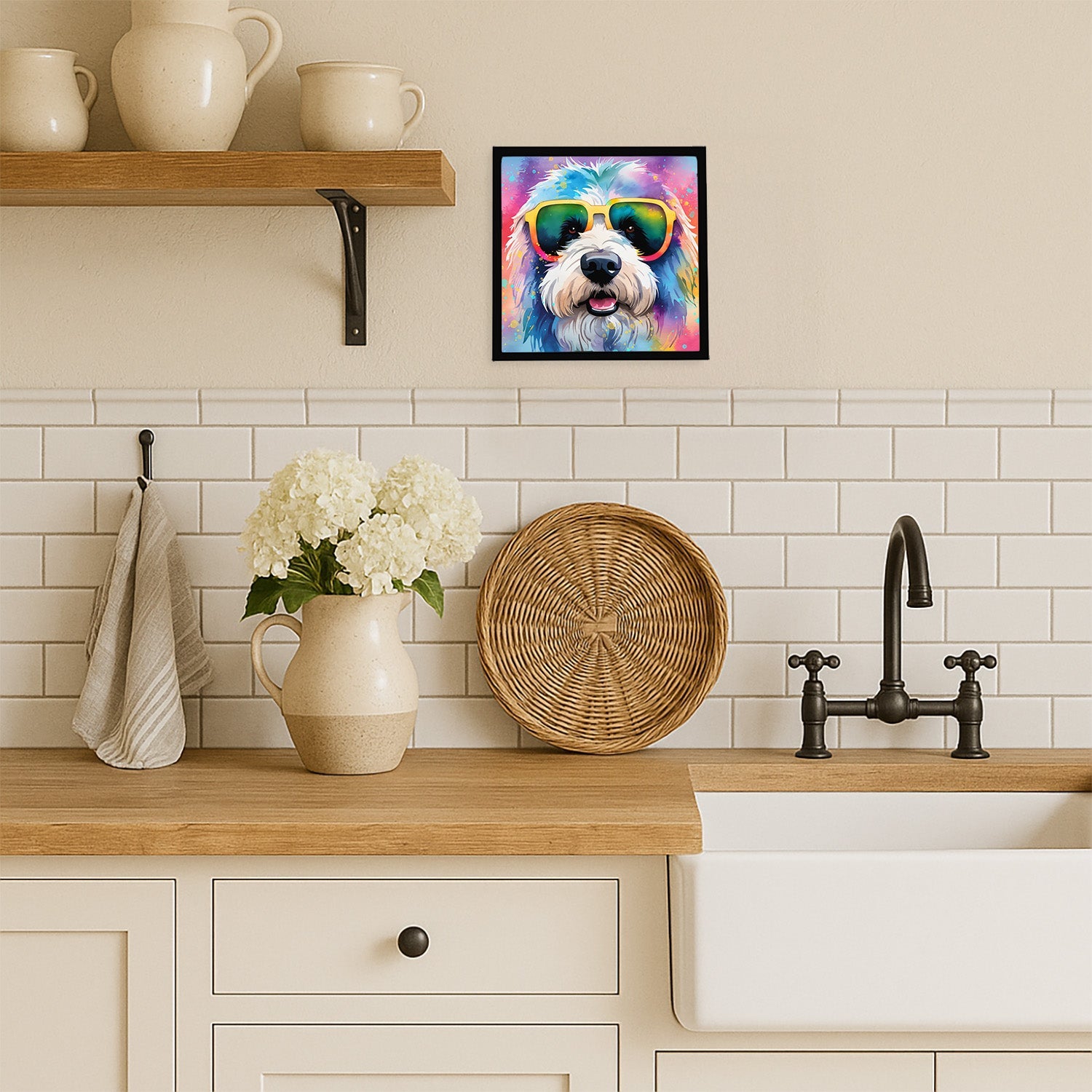 Old English Sheepdog Hippie Dawg Framed Metal Print Bathroom, Kitchen, Office, Home Decor Wall Art Ready to Hang, Square, 8X8