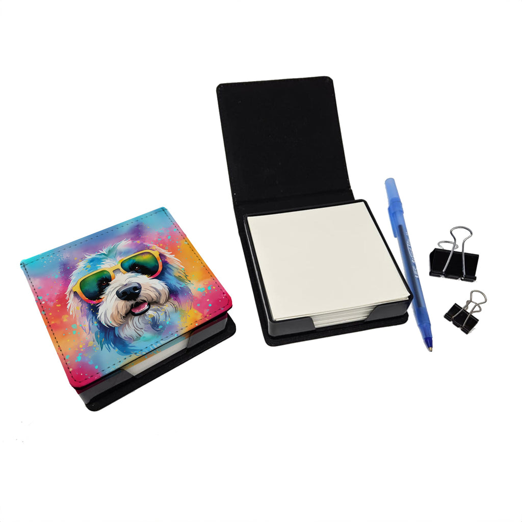 Old English Sheepdog Hippie Dawg PU Leather Note Paper Holder with Artist-Designed Cover, Desk Accessory, Office Gift