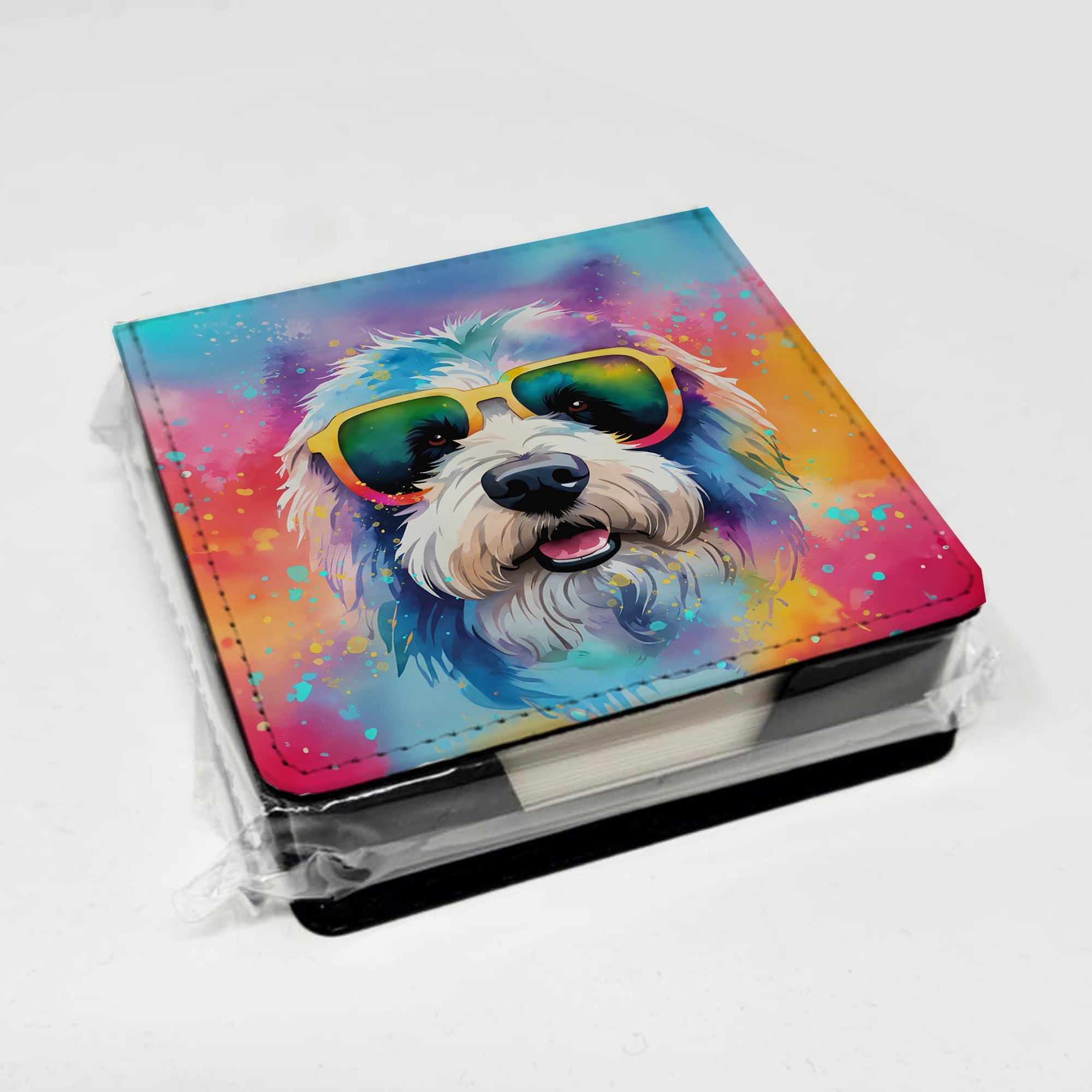 Old English Sheepdog Hippie Dawg PU Leather Note Paper Holder with Artist-Designed Cover, Desk Accessory, Office Gift