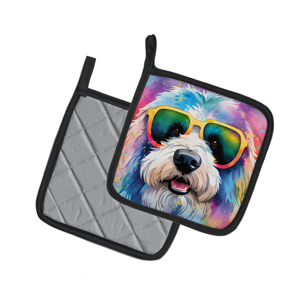 Old English Sheepdog Hippie Dawg Pot Holder Set of 2 Heat Resistant Quilted Hot Pads 7.5 x 7.5 Inch, Insulated Kitchen Trivets for Cooking & Baking