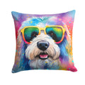 Old English Sheepdog Hippie Dawg Decorative Throw Pillow 14x14 Indoor Outdoor Accent Cushion, Fabric Cover with Insert for Sofa, Bed, Porch & Living Room