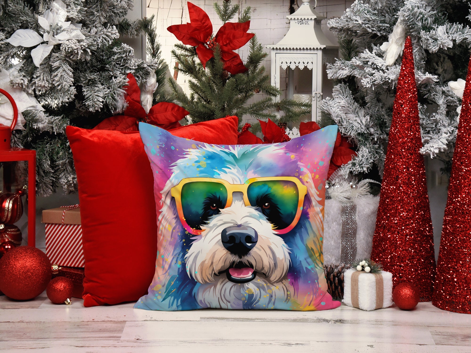 Old English Sheepdog Hippie Dawg Decorative Throw Pillow 14x14 Indoor Outdoor Accent Cushion, Fabric Cover with Insert for Sofa, Bed, Porch & Living Room