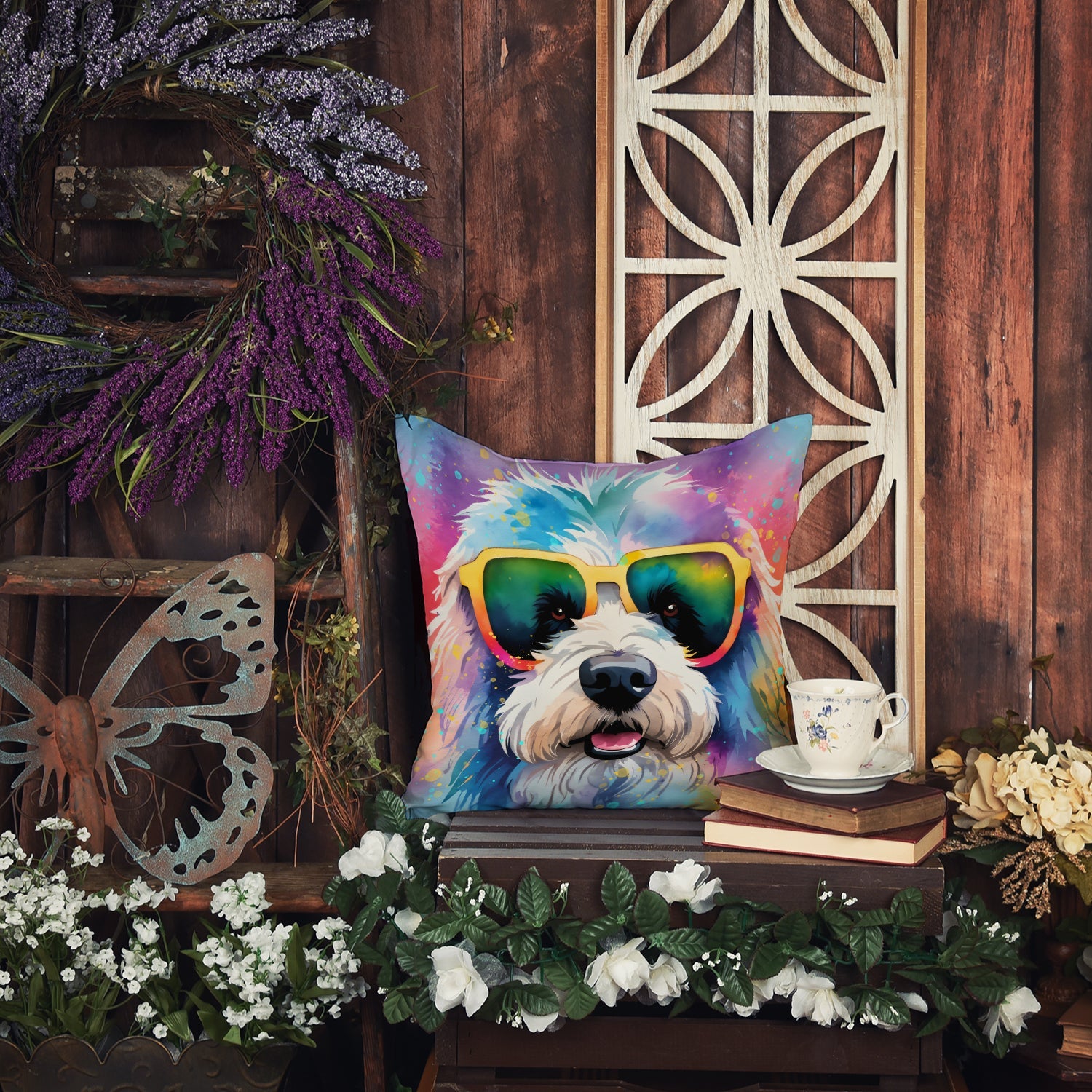 Old English Sheepdog Hippie Dawg Decorative Throw Pillow 14x14 Indoor Outdoor Accent Cushion, Fabric Cover with Insert for Sofa, Bed, Porch & Living Room