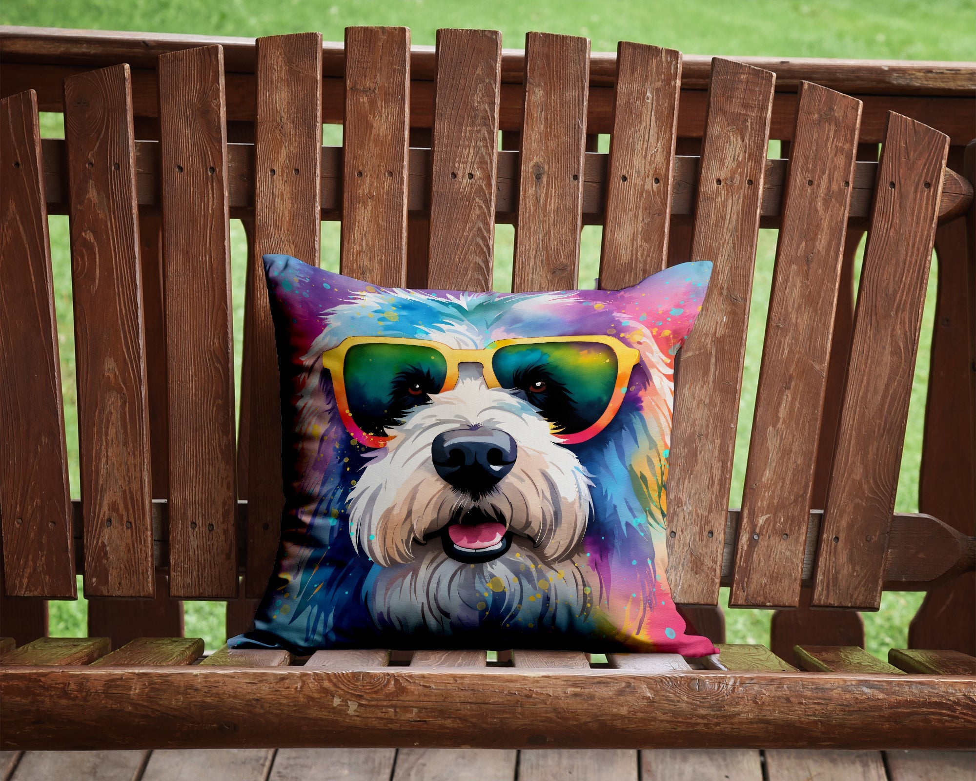 Old English Sheepdog Hippie Dawg Decorative Throw Pillow 14x14 Indoor Outdoor Accent Cushion, Fabric Cover with Insert for Sofa, Bed, Porch & Living Room