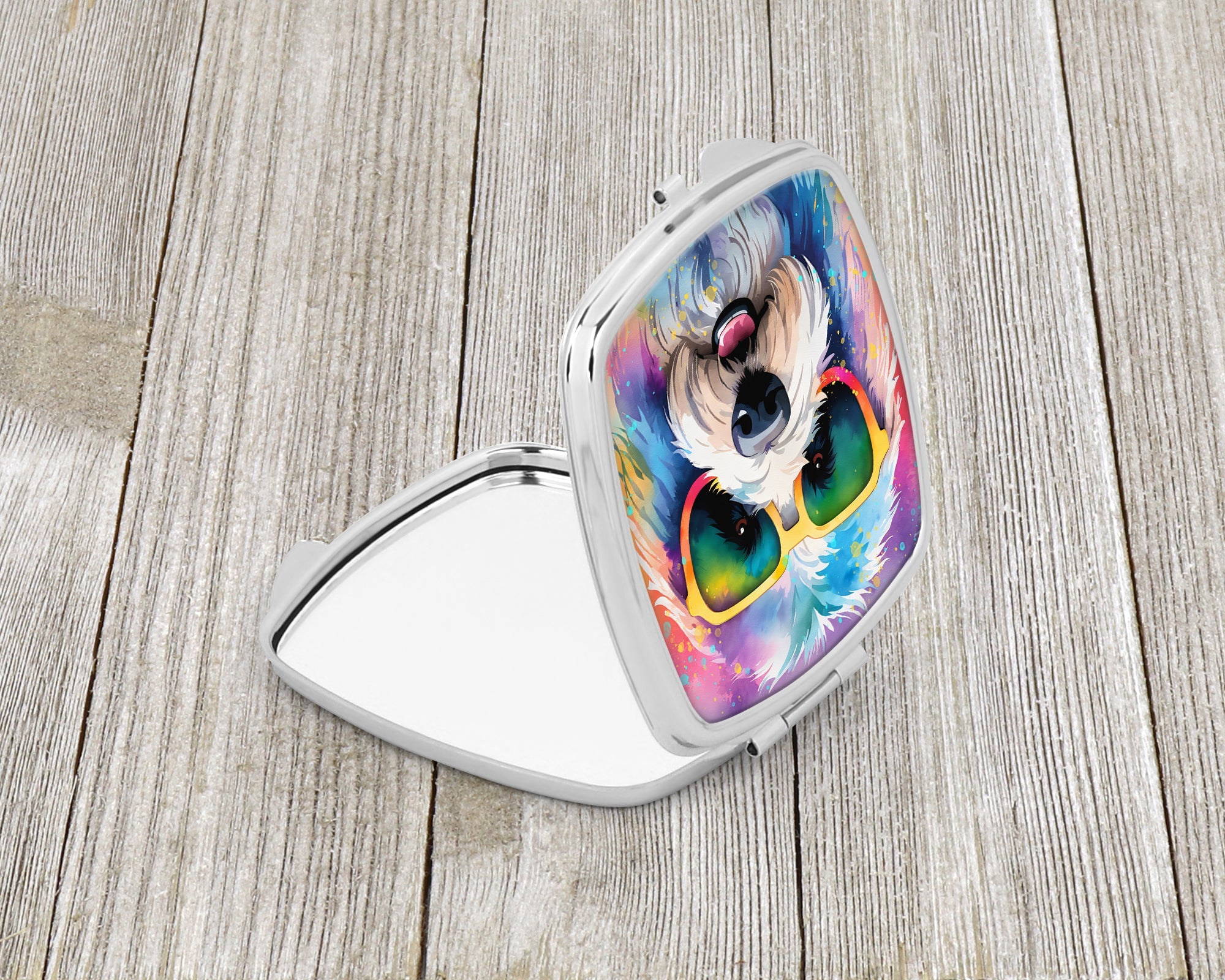 Old English Sheepdog Hippie Dawg Compact Mirror Decorative Travel Makeup Mirror for Women Girls Gifts Pocket Makeup Mirror Folding Handheld