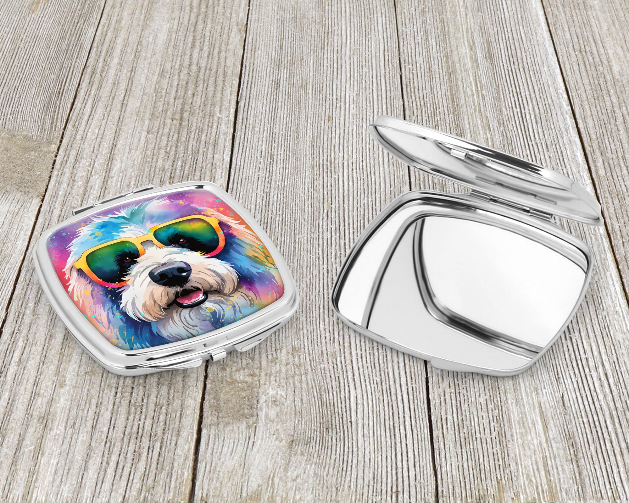 Old English Sheepdog Hippie Dawg Compact Mirror Decorative Travel Makeup Mirror for Women Girls Gifts Pocket Makeup Mirror Folding Handheld