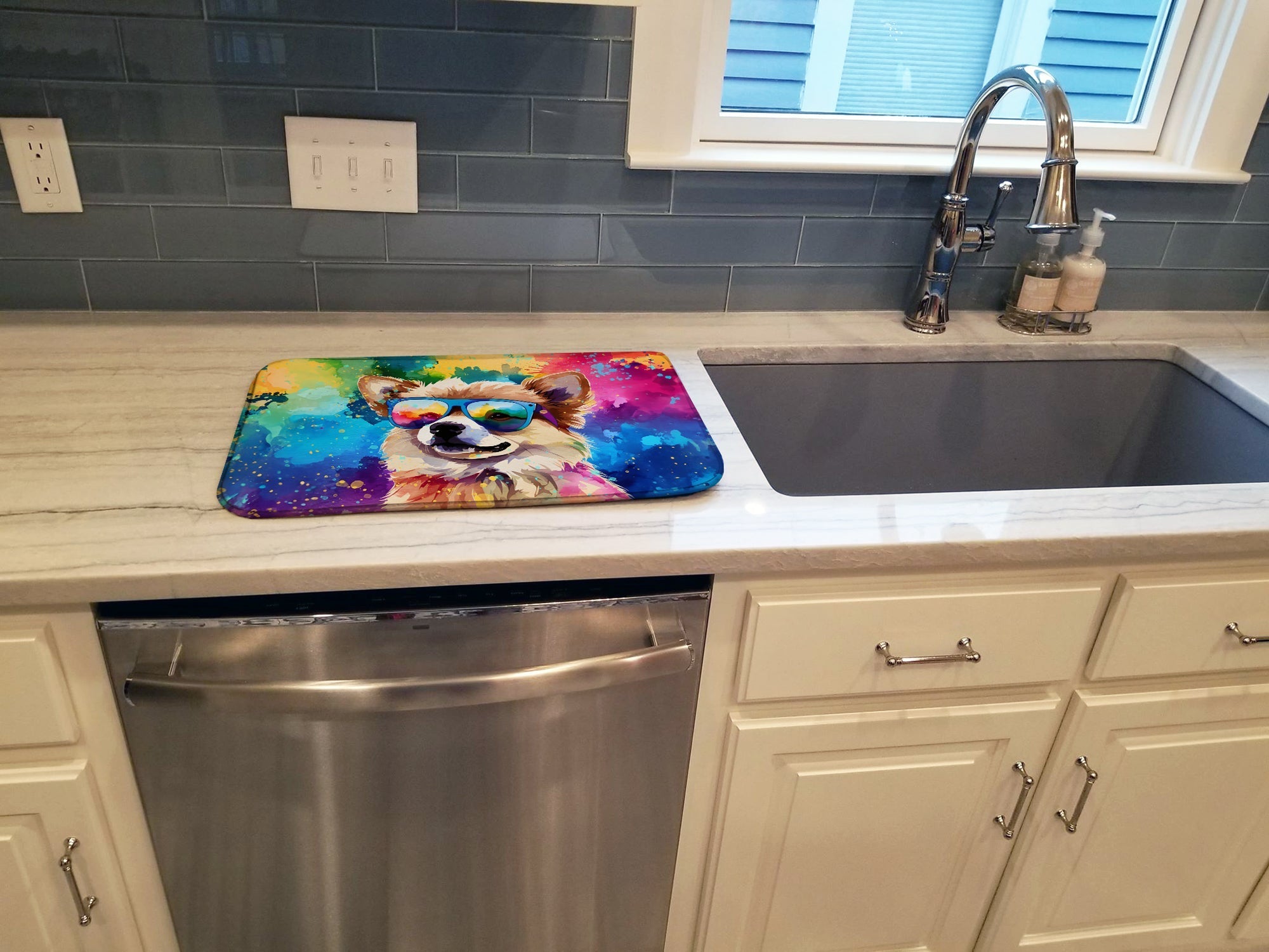 Pomeranian Hippie Dawg Dish Drying Mat Absorbent Dish Drying Mat Pad for Kitchen Counter Dish Drainer Mat for Countertop, 14 x 21", Multicolor