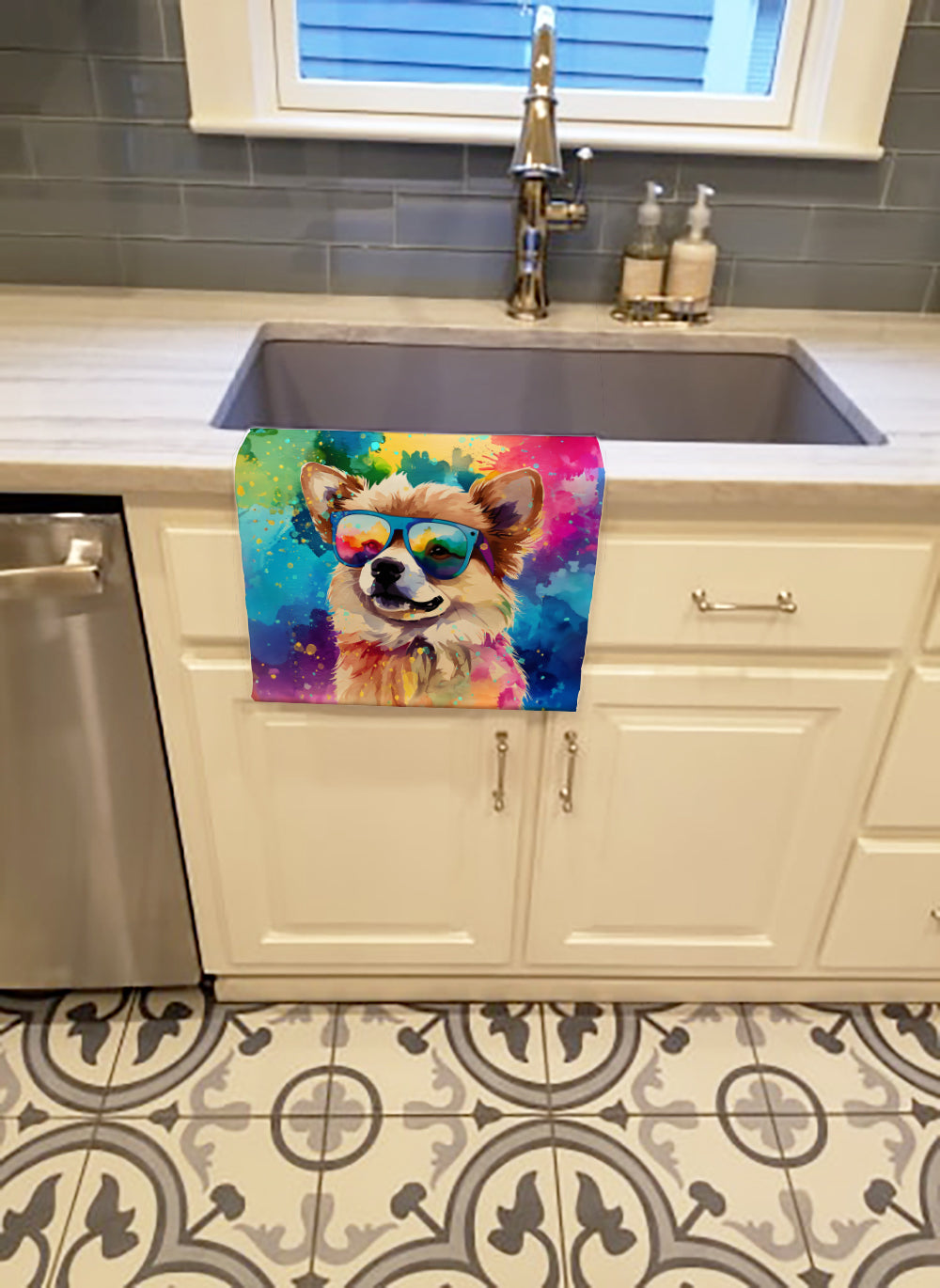 Pomeranian Hippie Dawg Kitchen Towel Velour Plush Front and Cotton Loop Back Machine Washable
