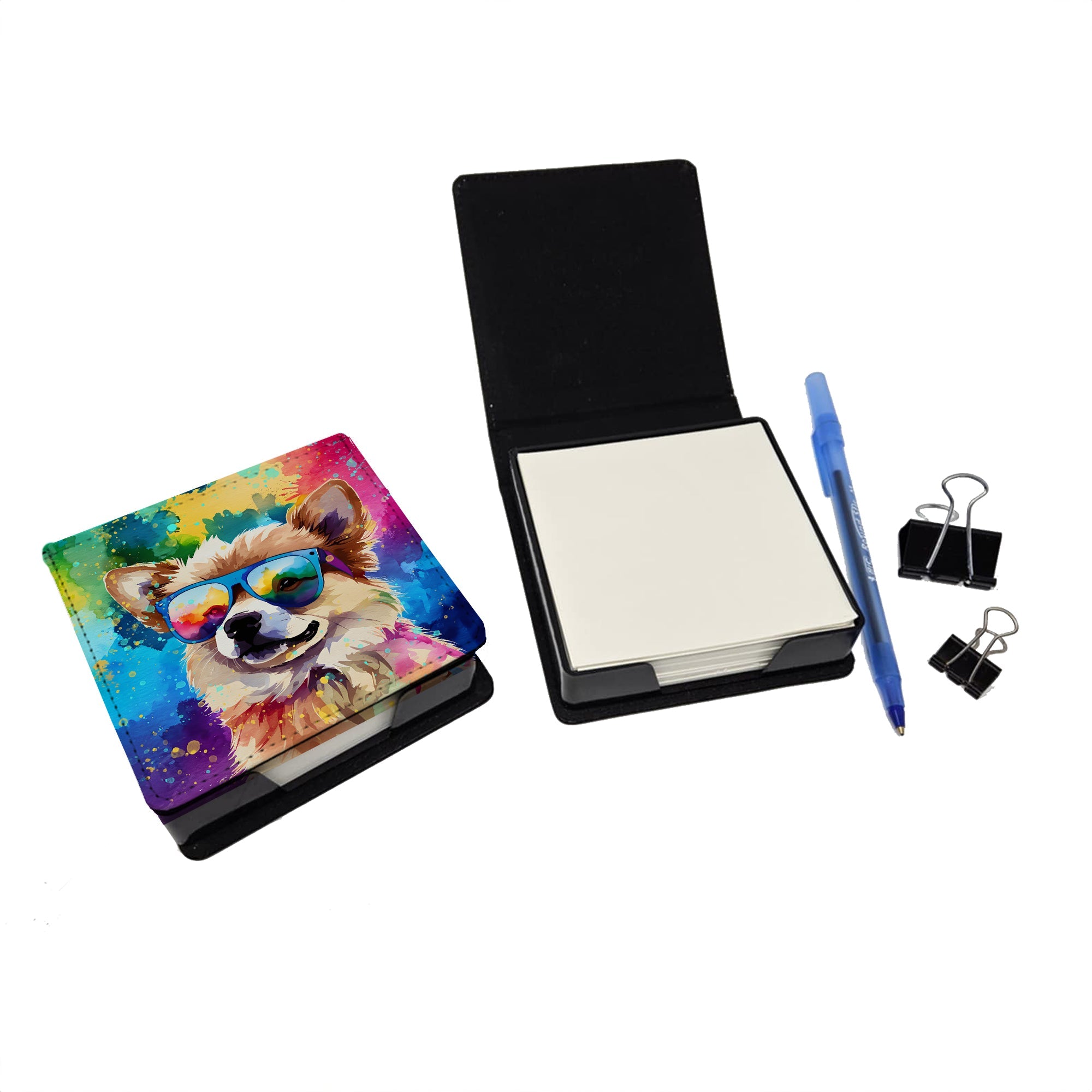 Pomeranian Hippie Dawg PU Leather Note Paper Holder with Artist-Designed Cover, Desk Accessory, Office Gift