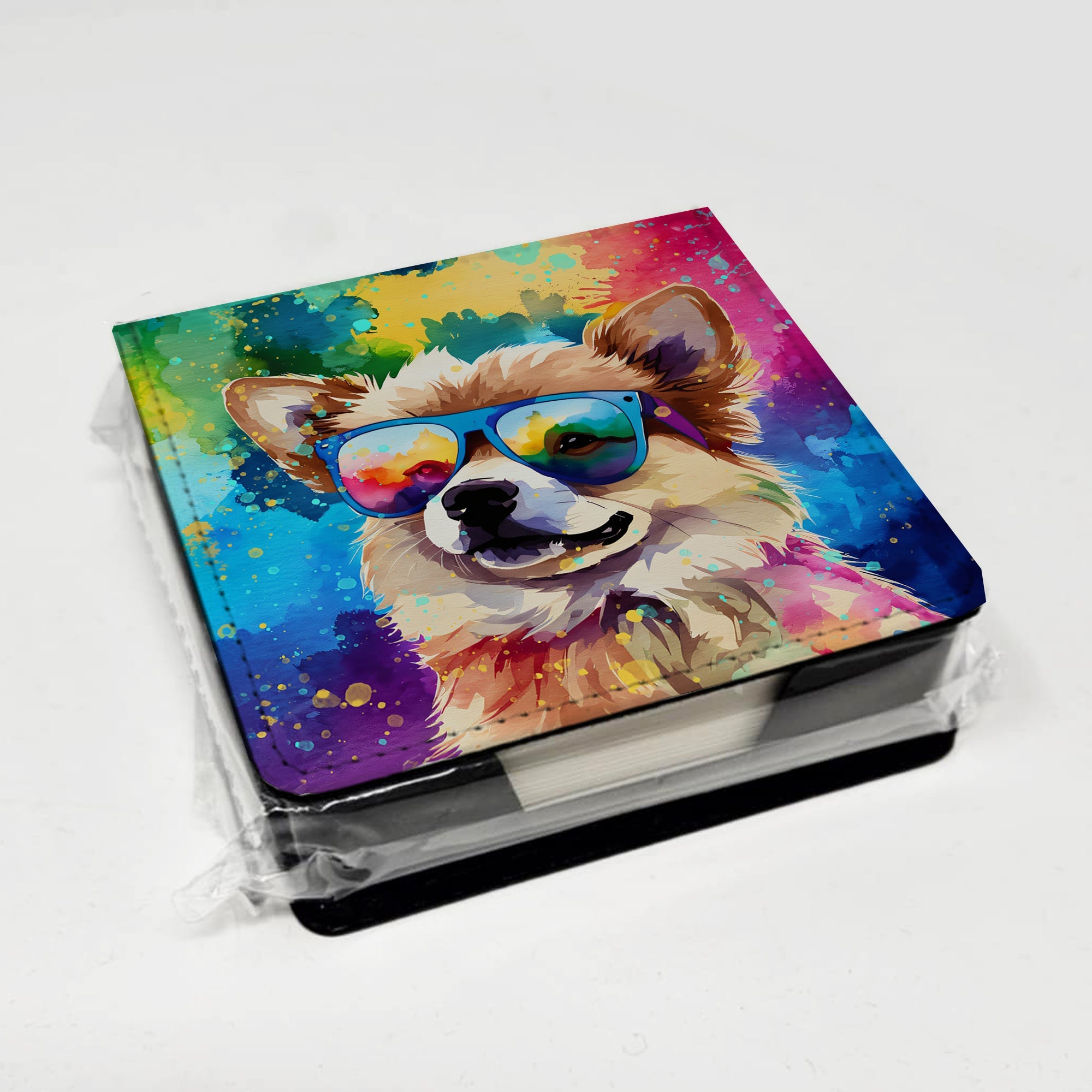 Pomeranian Hippie Dawg PU Leather Note Paper Holder with Artist-Designed Cover, Desk Accessory, Office Gift