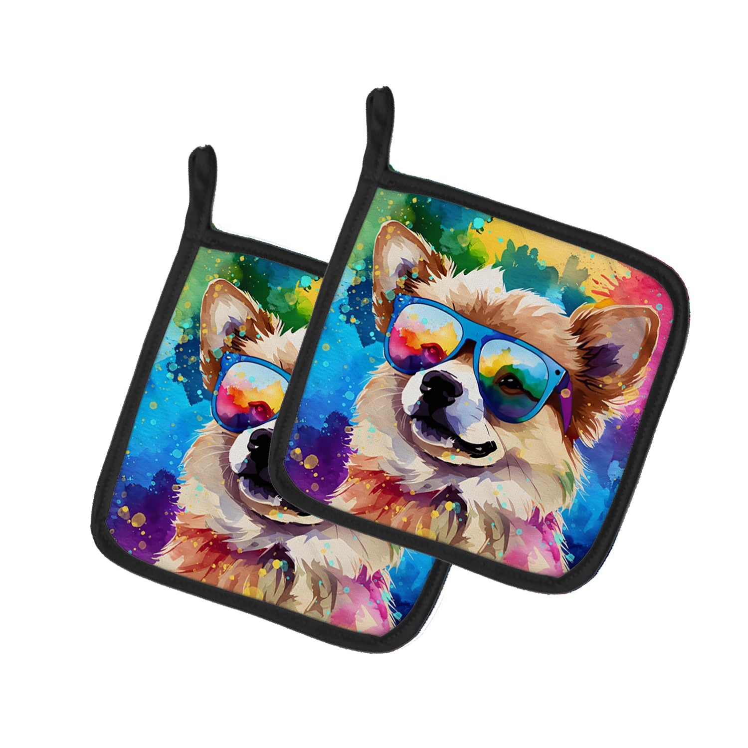 Pomeranian Hippie Dawg Pot Holder Set of 2 Heat Resistant Quilted Hot Pads 7.5 x 7.5 Inch, Insulated Kitchen Trivets for Cooking & Baking