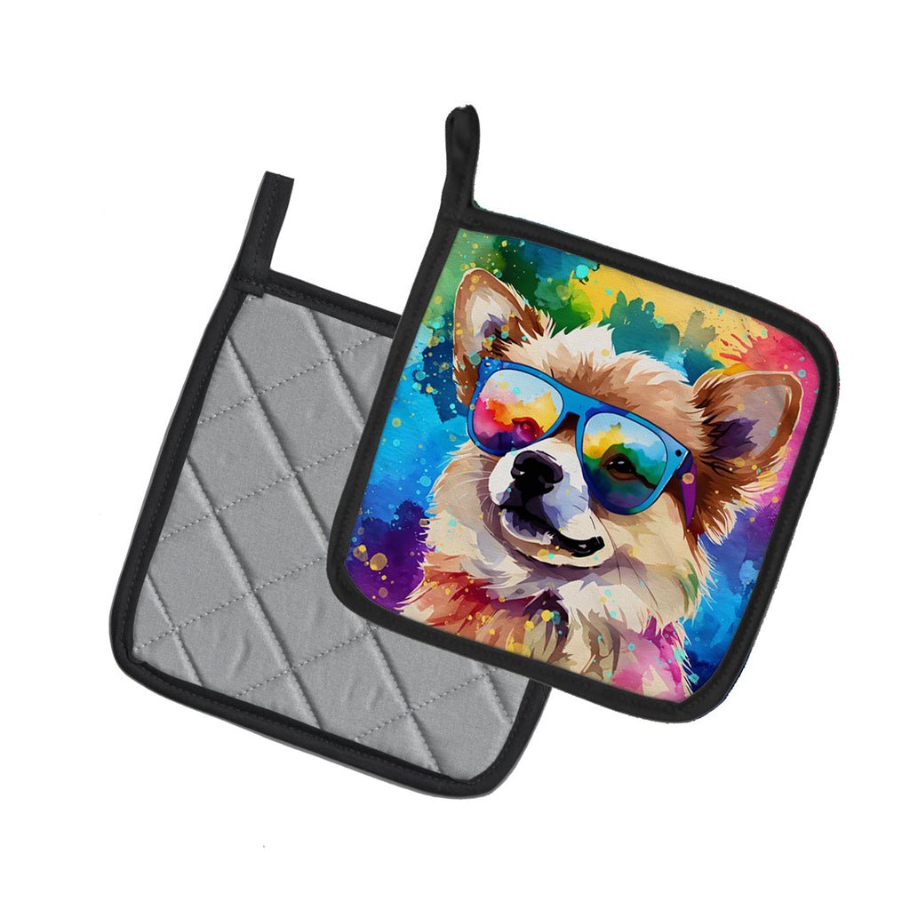 Pomeranian Hippie Dawg Pot Holder Set of 2 Heat Resistant Quilted Hot Pads 7.5 x 7.5 Inch, Insulated Kitchen Trivets for Cooking & Baking