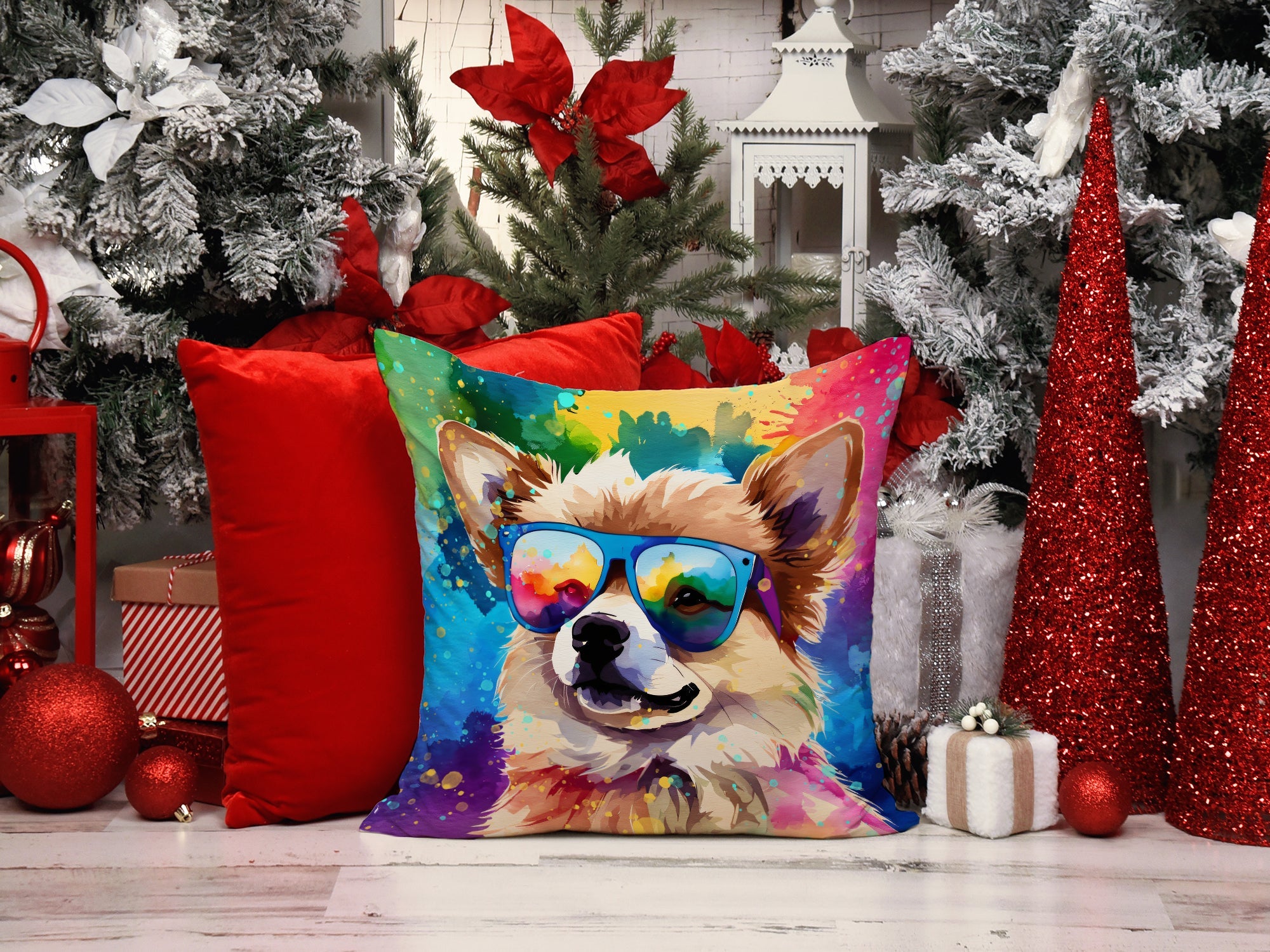 Pomeranian Hippie Dawg Decorative Throw Pillow 14x14 Indoor Outdoor Accent Cushion, Fabric Cover with Insert for Sofa, Bed, Porch & Living Room