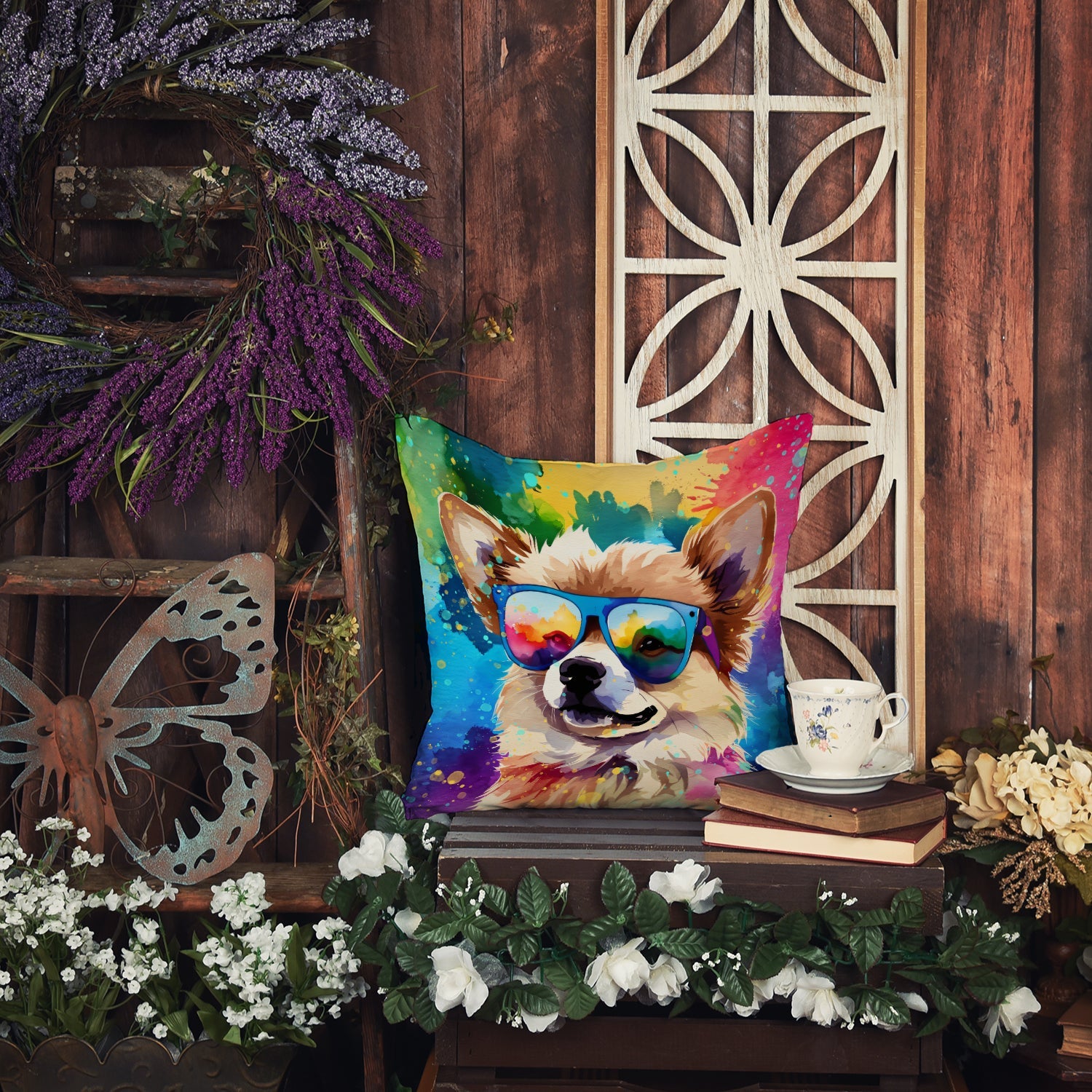 Pomeranian Hippie Dawg Decorative Throw Pillow 14x14 Indoor Outdoor Accent Cushion, Fabric Cover with Insert for Sofa, Bed, Porch & Living Room